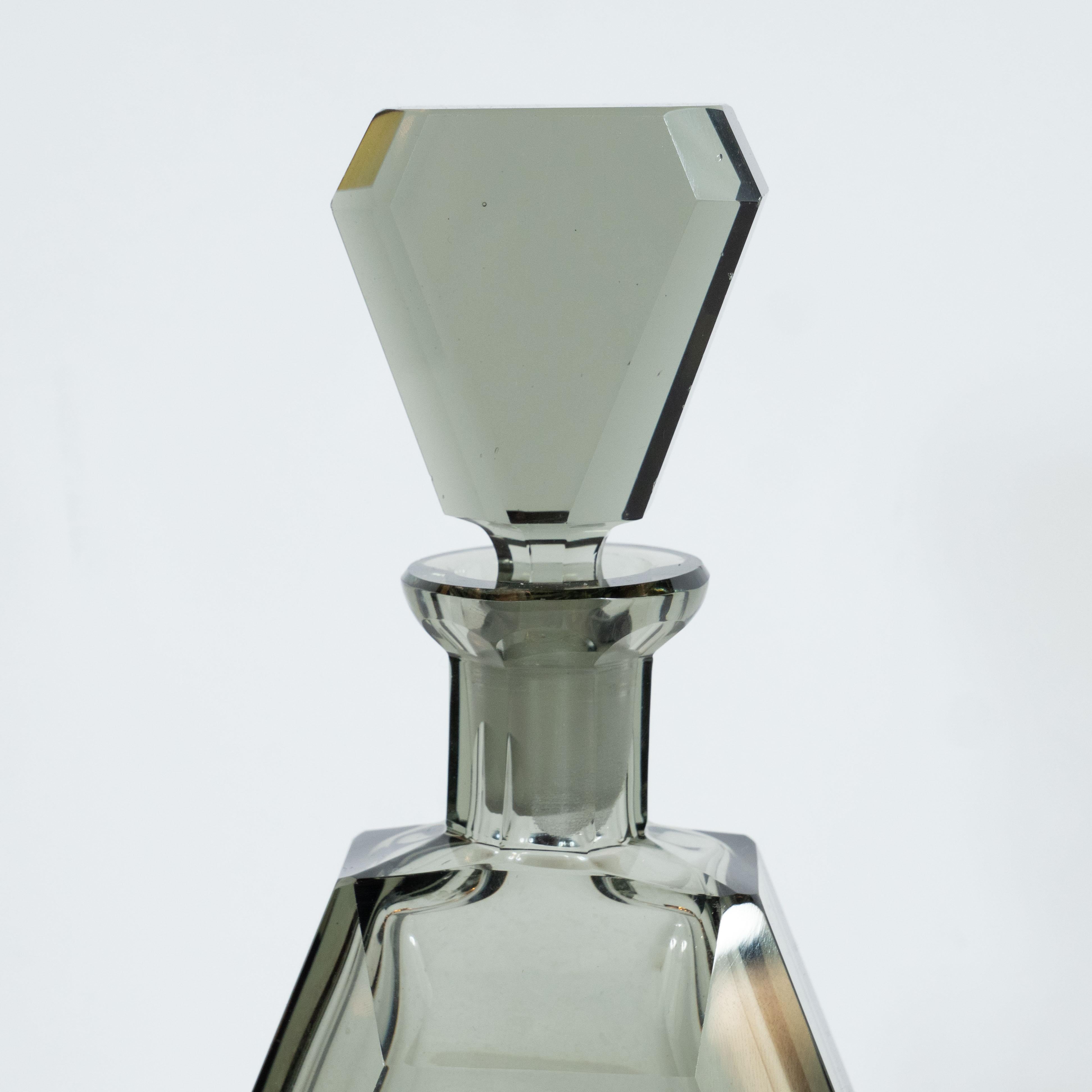 Art Deco Czech Cubist Decanter Set with Six-Shot Glass in Clear Graphite Glass 1
