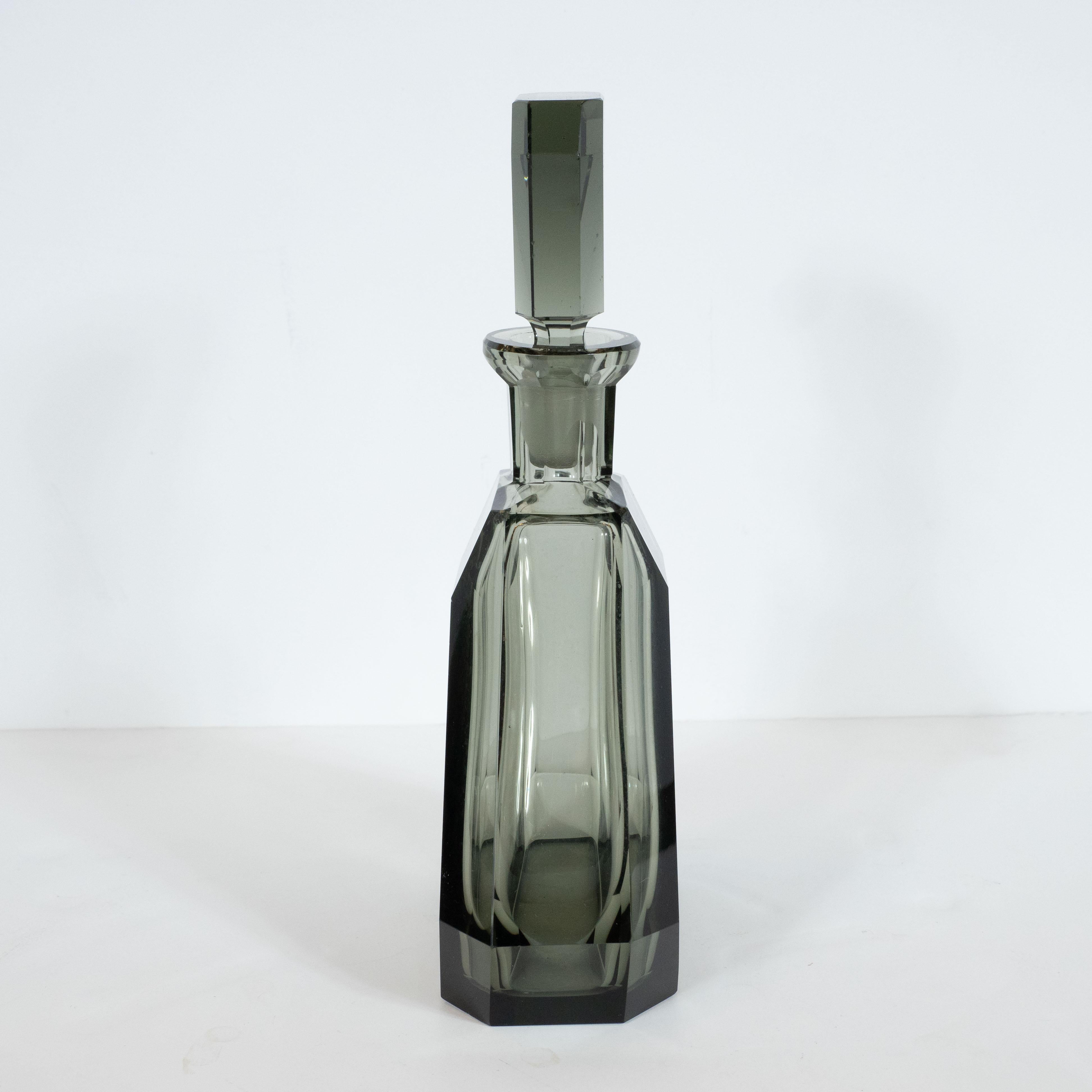 Art Deco Czech Cubist Decanter Set with Six-Shot Glass in Clear Graphite Glass 4