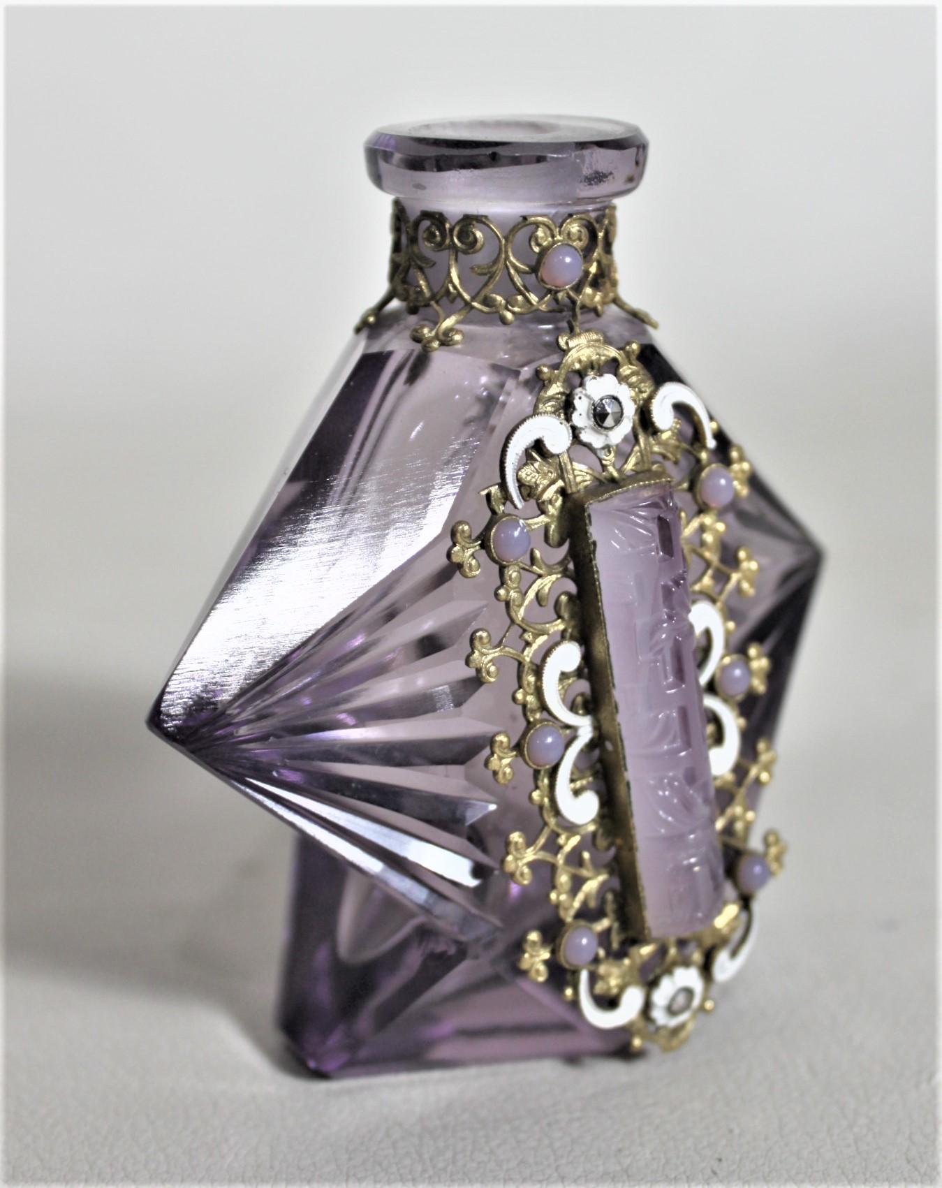 Art Deco Czech Cut Crystal Perfume Bottle with Applied Filigree and Inlaid Glass For Sale 1