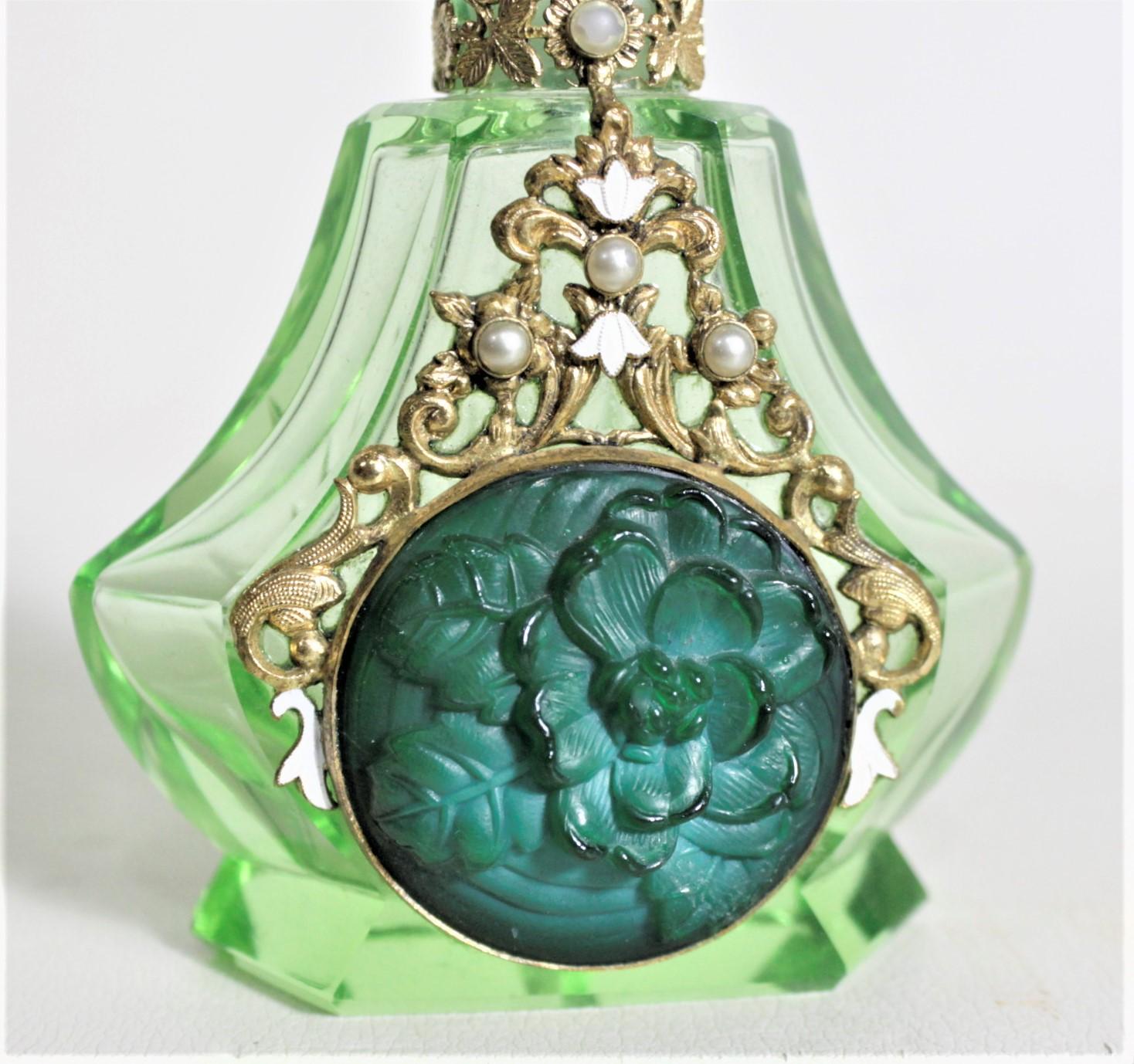 Art Deco Czech Cut Crystal Perfume Bottle with Applied Filigree and Inlaid Glass 3