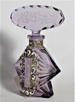 Art Deco Czech Cut Crystal Perfume Bottle with Applied Filigree and Inlaid Glass