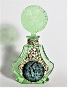 Art Deco Czech Cut Crystal Perfume Bottle with Applied Filigree and Inlaid Glass