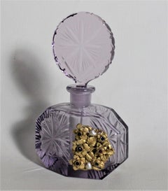 Art Deco Czech Cut Crystal Perfume Bottle with Applied Filigree and Inlaid Glass