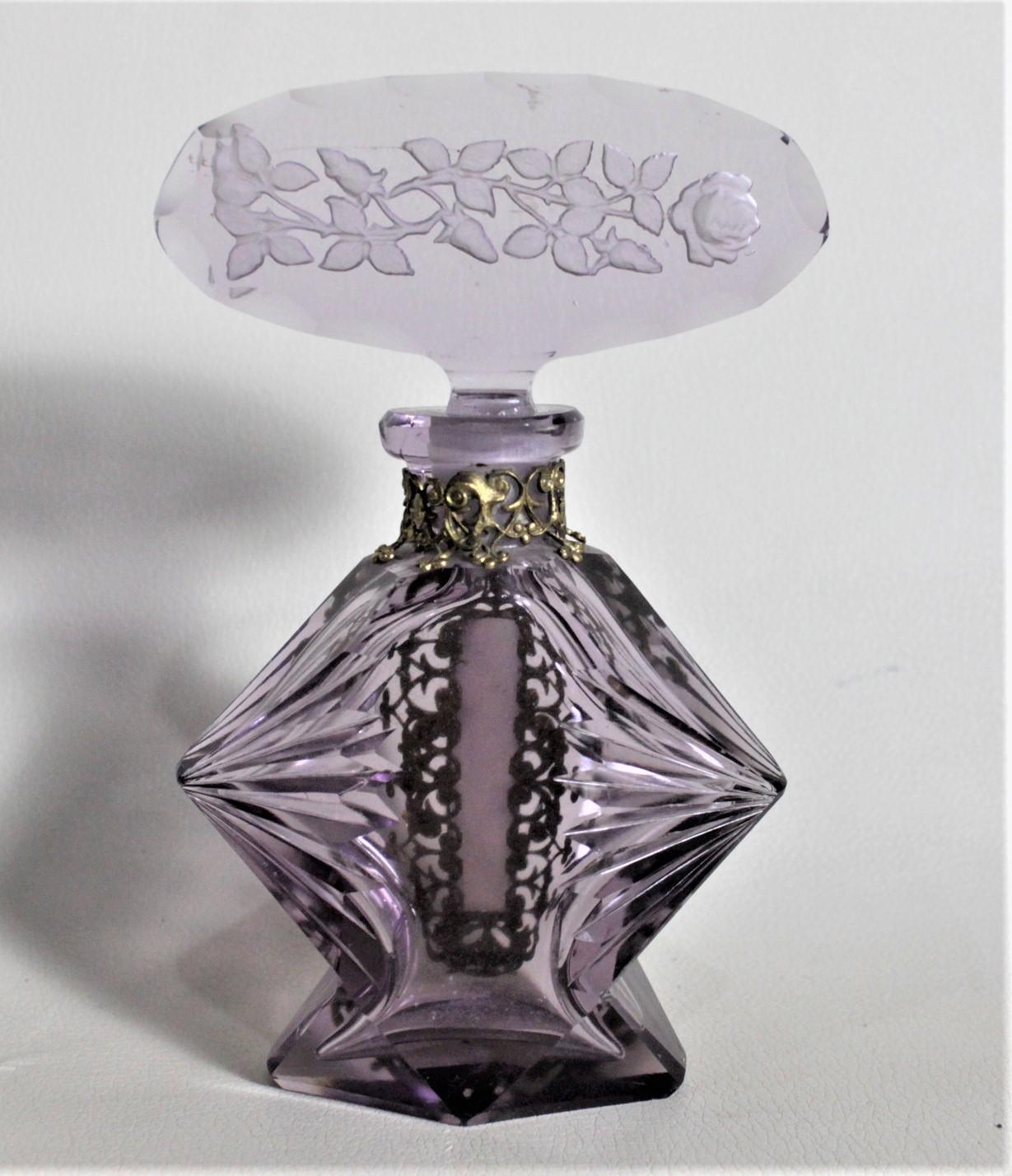 Hand-Crafted Art Deco Czech Cut Crystal Perfume Bottle with Applied Filigree and Inlaid Glass For Sale