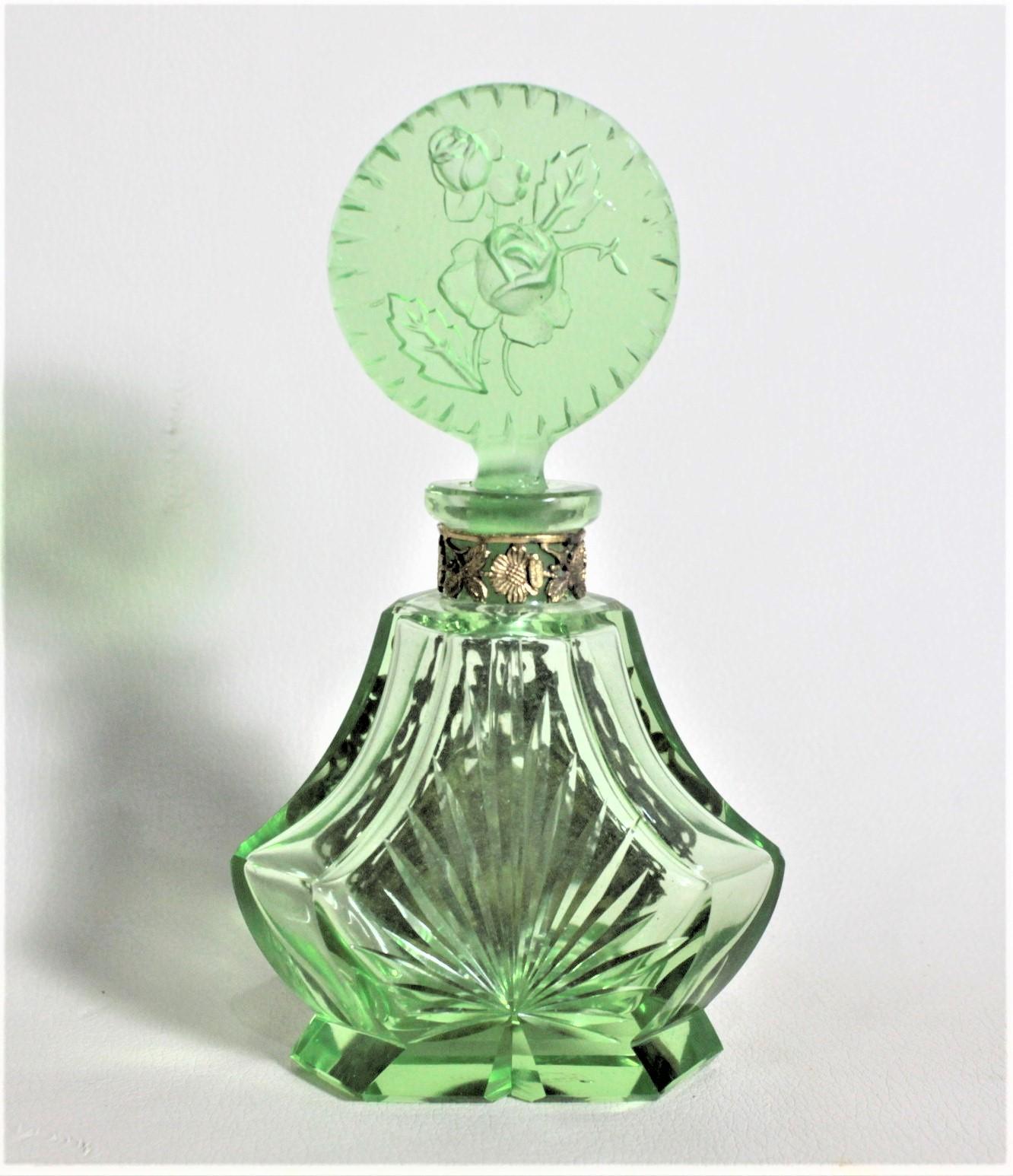 Hand-Crafted Art Deco Czech Cut Crystal Perfume Bottle with Applied Filigree and Inlaid Glass