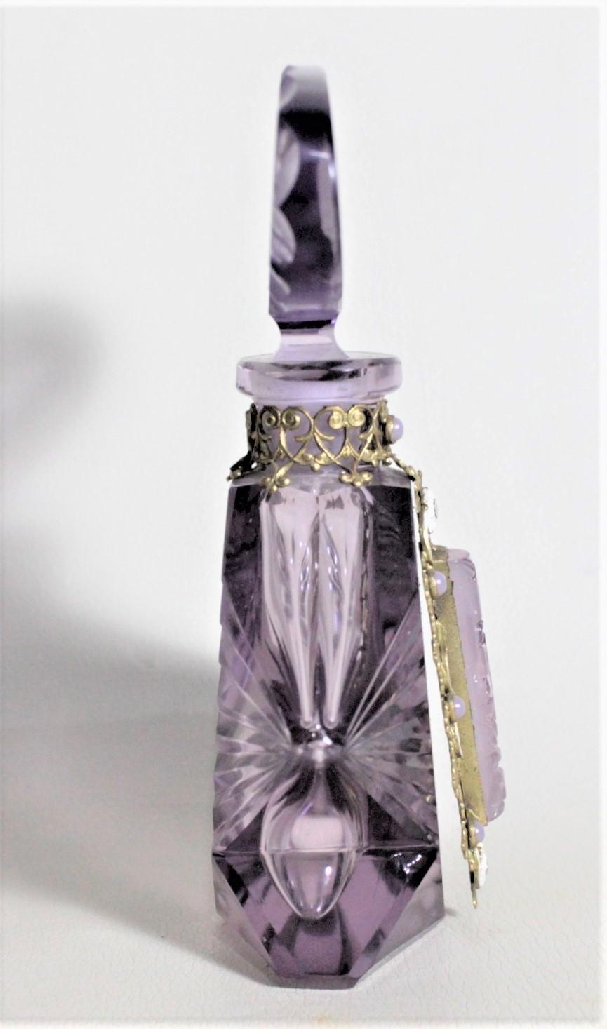 Art Deco Czech Cut Crystal Perfume Bottle with Applied Filigree and Inlaid Glass In Good Condition For Sale In Hamilton, Ontario
