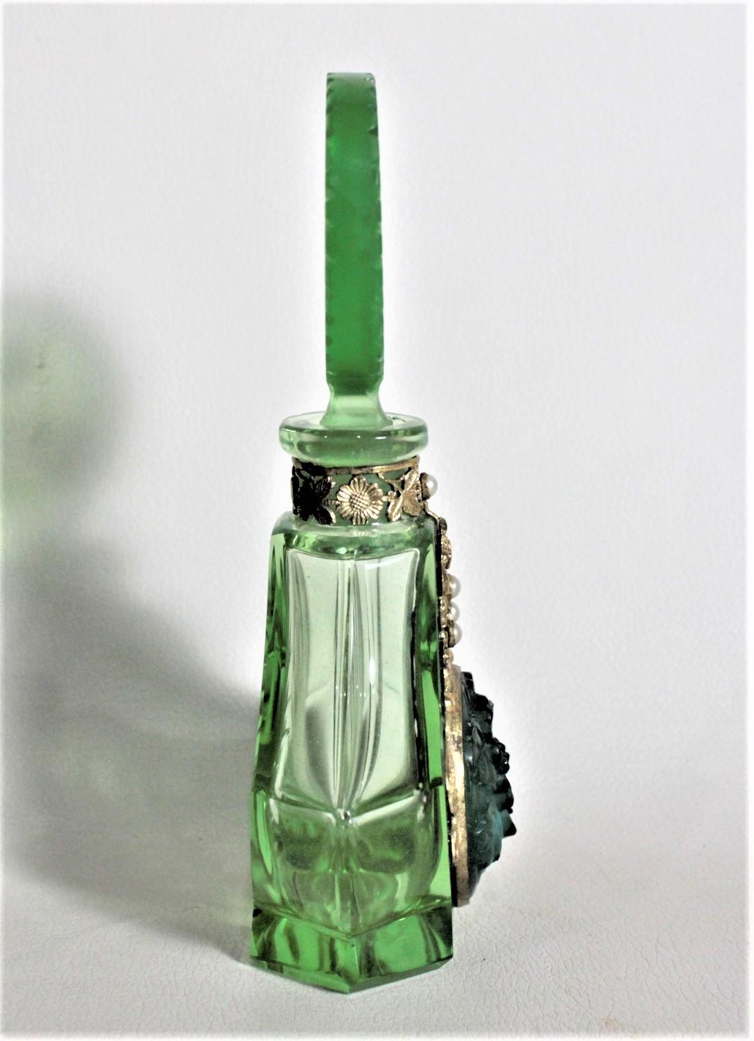 Art Deco Czech Cut Crystal Perfume Bottle with Applied Filigree and Inlaid Glass In Good Condition In Hamilton, Ontario