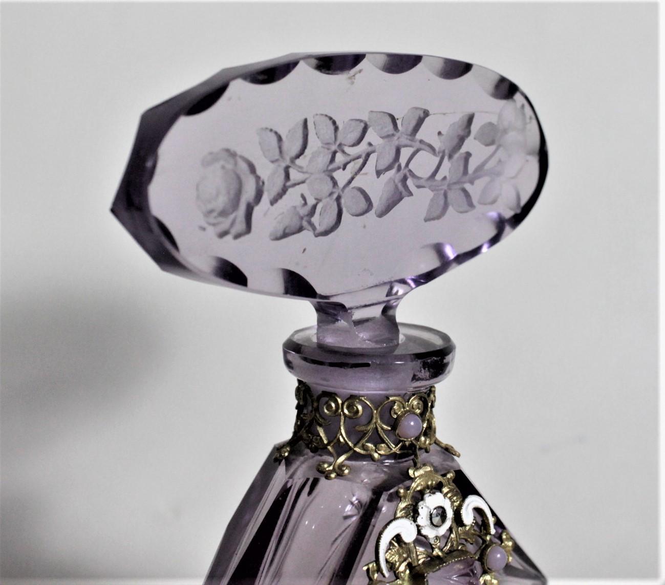 20th Century Art Deco Czech Cut Crystal Perfume Bottle with Applied Filigree and Inlaid Glass For Sale