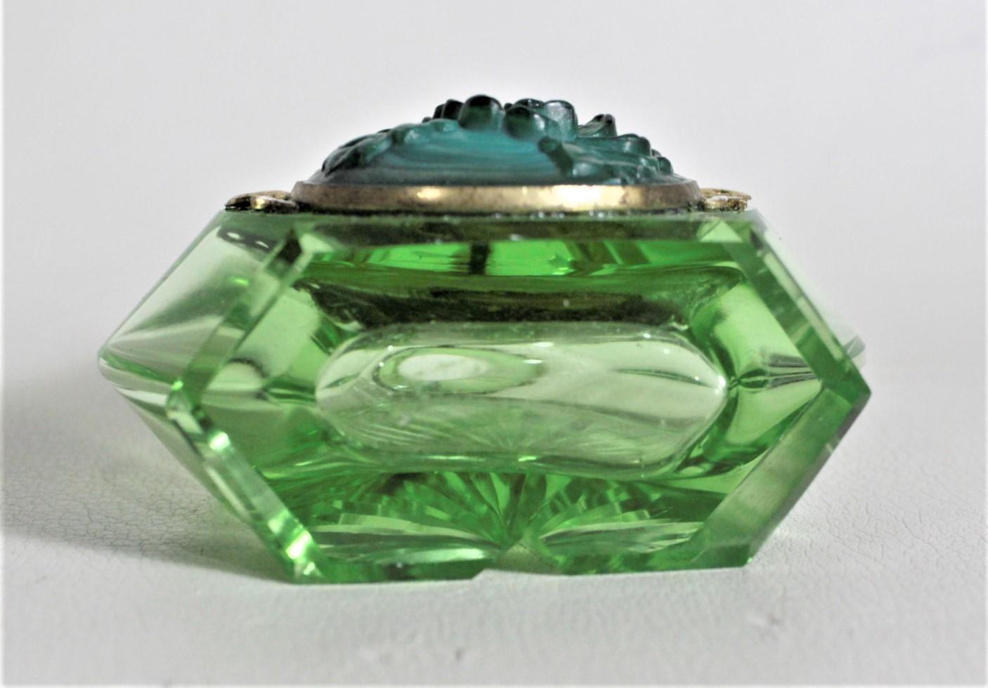 20th Century Art Deco Czech Cut Crystal Perfume Bottle with Applied Filigree and Inlaid Glass
