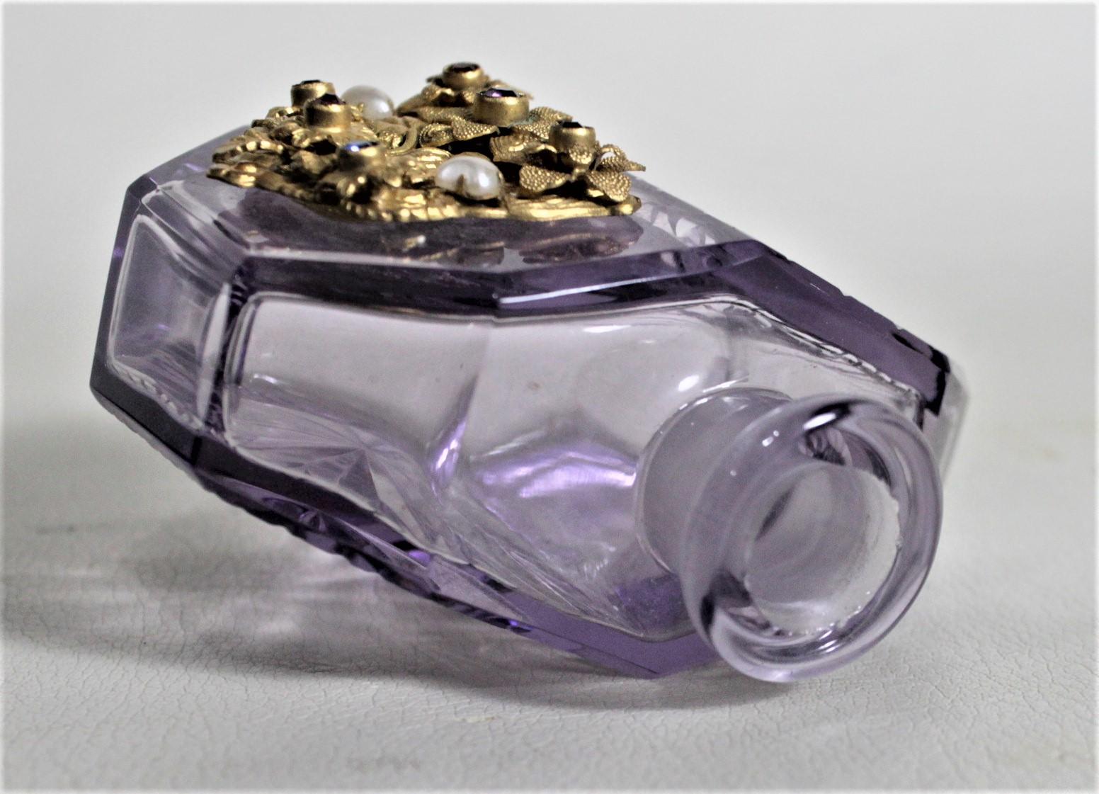 20th Century Art Deco Czech Cut Crystal Perfume Bottle with Applied Filigree and Inlaid Glass