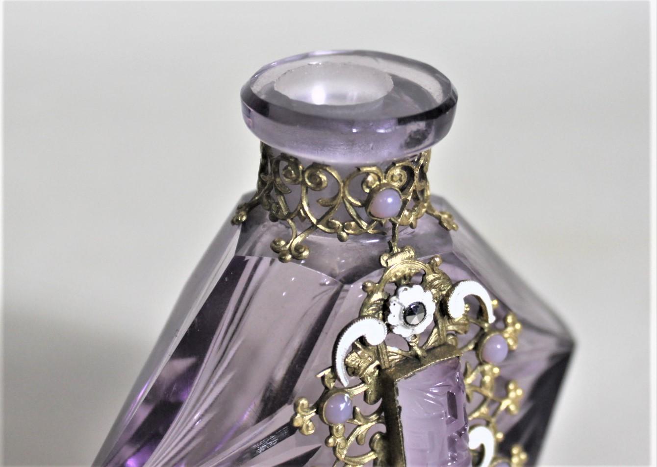 Metal Art Deco Czech Cut Crystal Perfume Bottle with Applied Filigree and Inlaid Glass For Sale