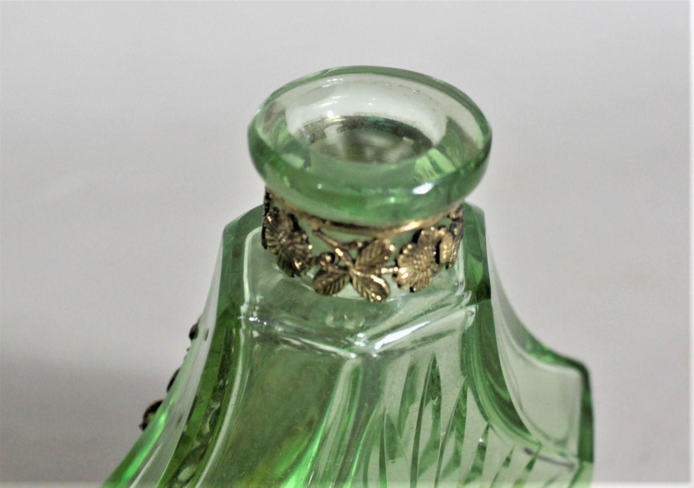 Metal Art Deco Czech Cut Crystal Perfume Bottle with Applied Filigree and Inlaid Glass
