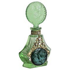 Antique Art Deco Czech Cut Crystal Perfume Bottle with Applied Filigree and Inlaid Glass