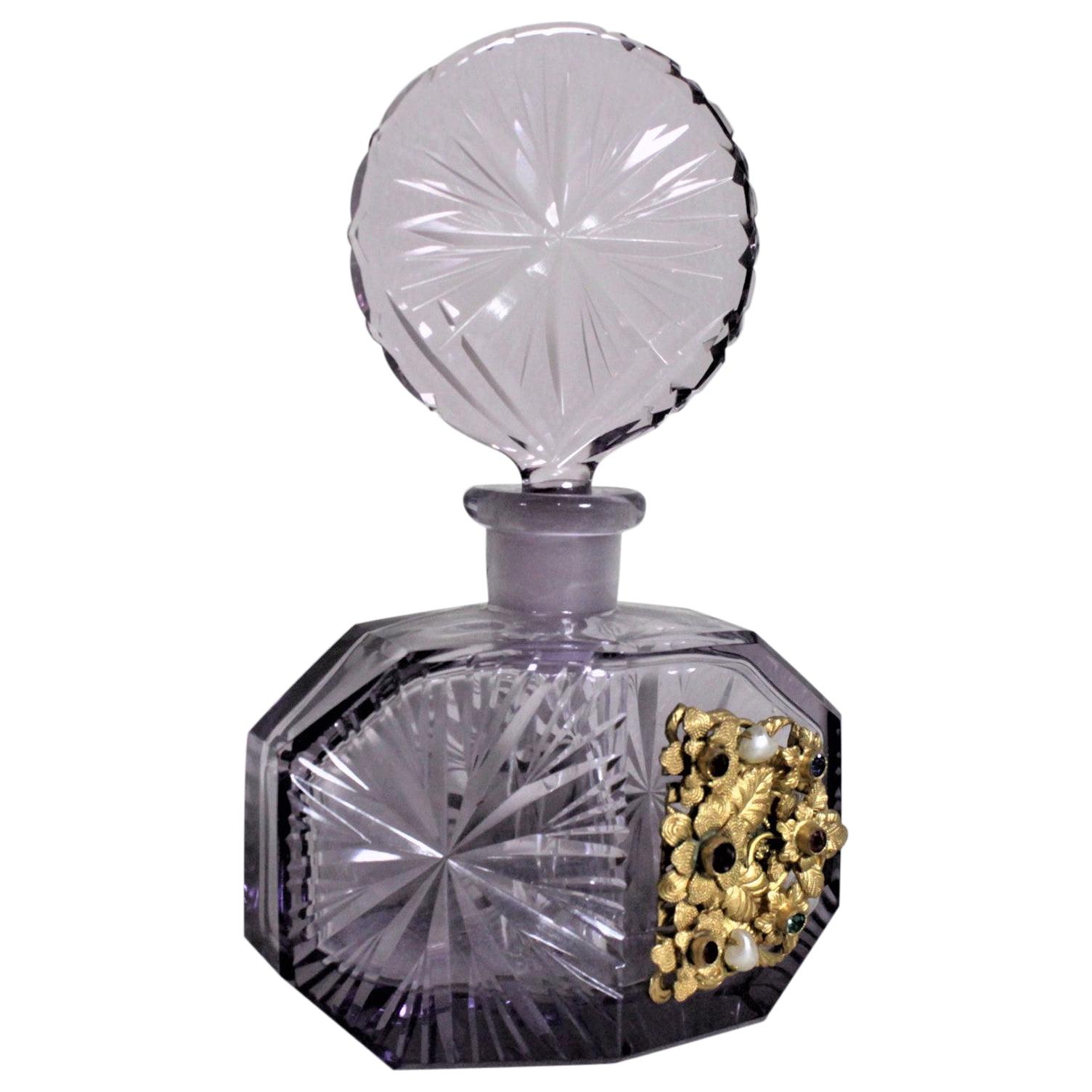 Art Deco Czech Cut Crystal Perfume Bottle with Applied Filigree and Inlaid Glass