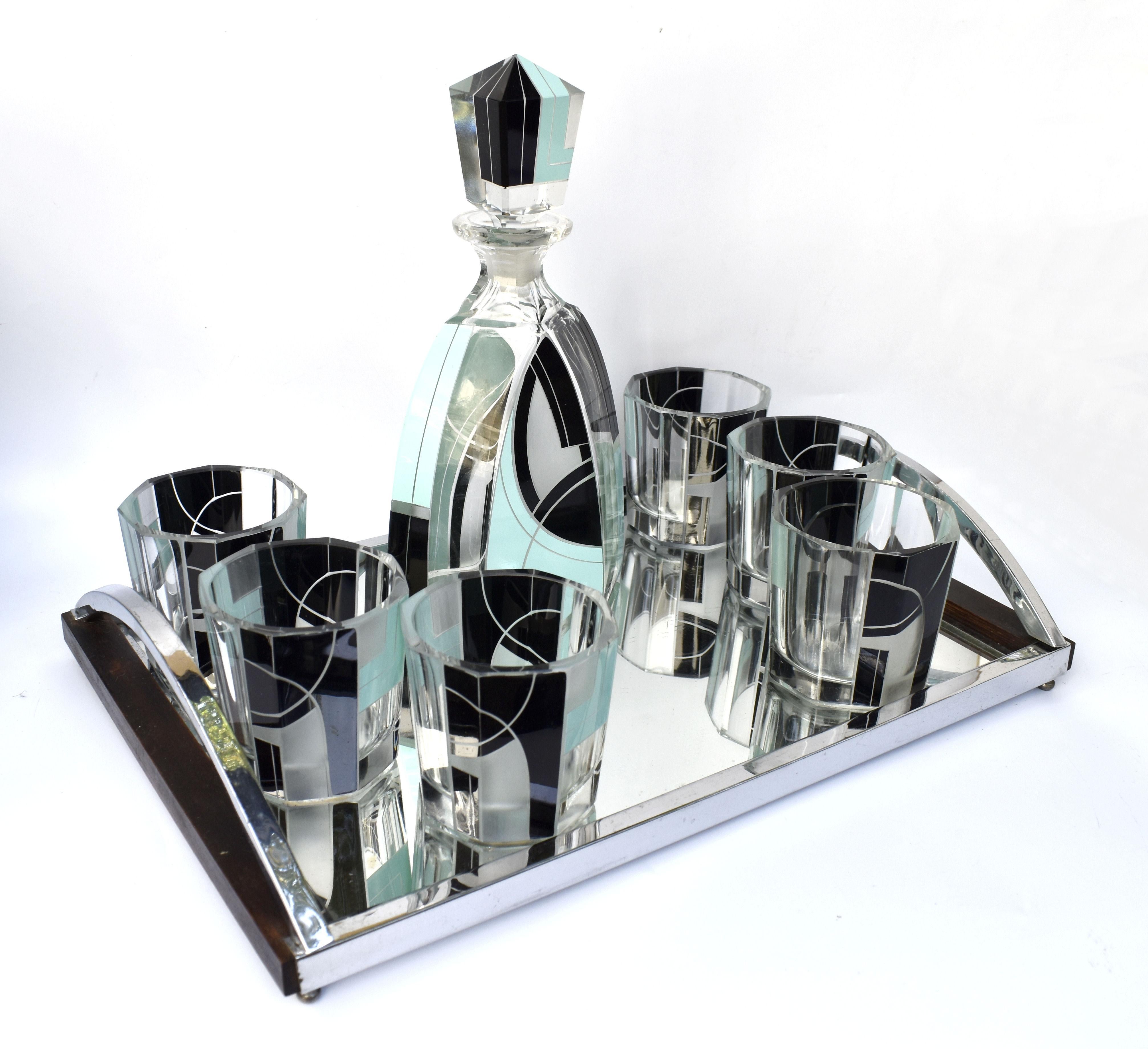 Enameled Art Deco Czech Decanter Glass Set, c1930