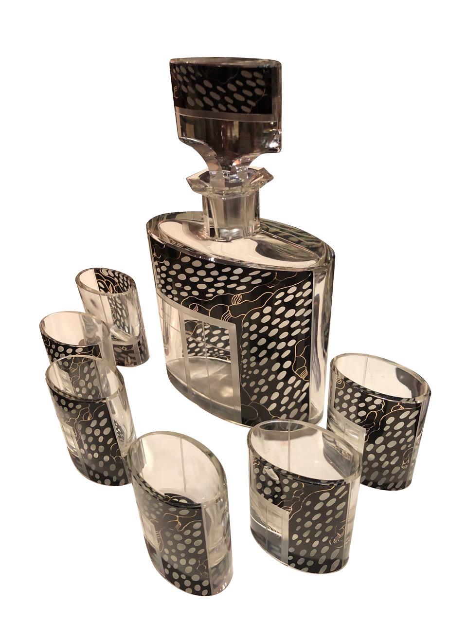 Art Deco Czech Decanter Glasses with Leopard Black Designs In Good Condition In Oakland, CA