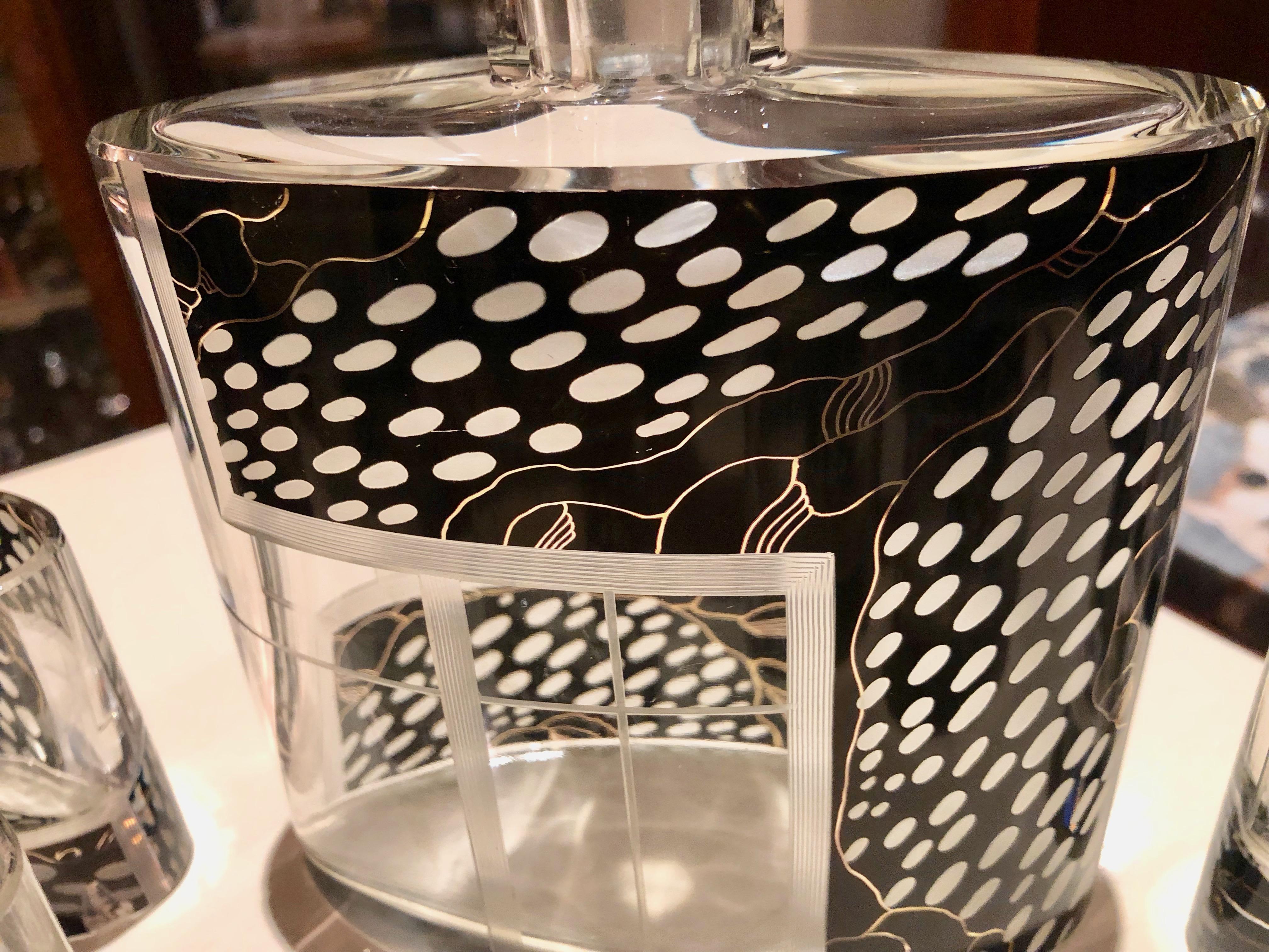 Mid-20th Century Art Deco Czech Decanter Glasses with Leopard Black Designs