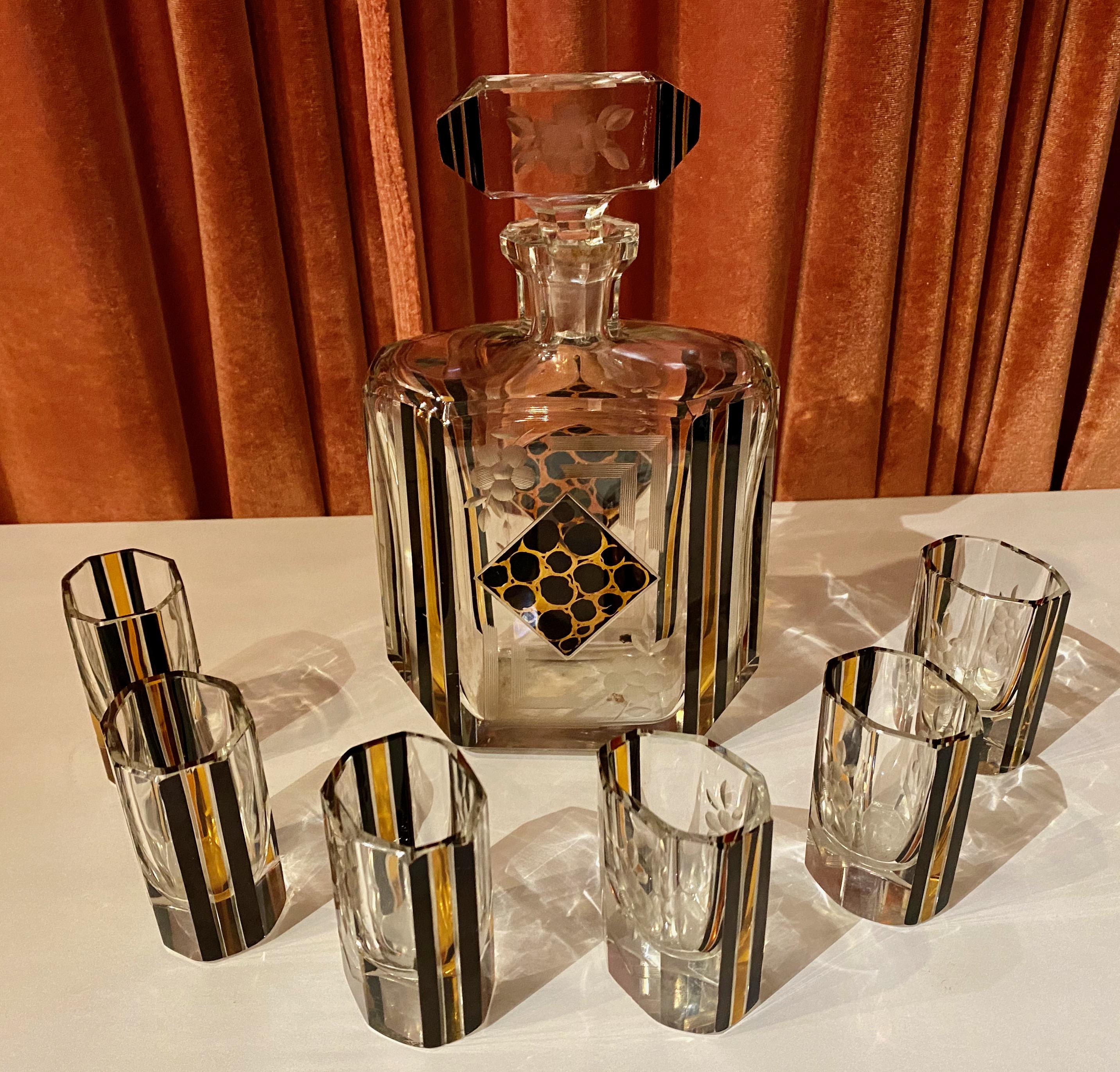 Art Deco Czech Decanter Glasses with Leopard Gold and Black Designs 6