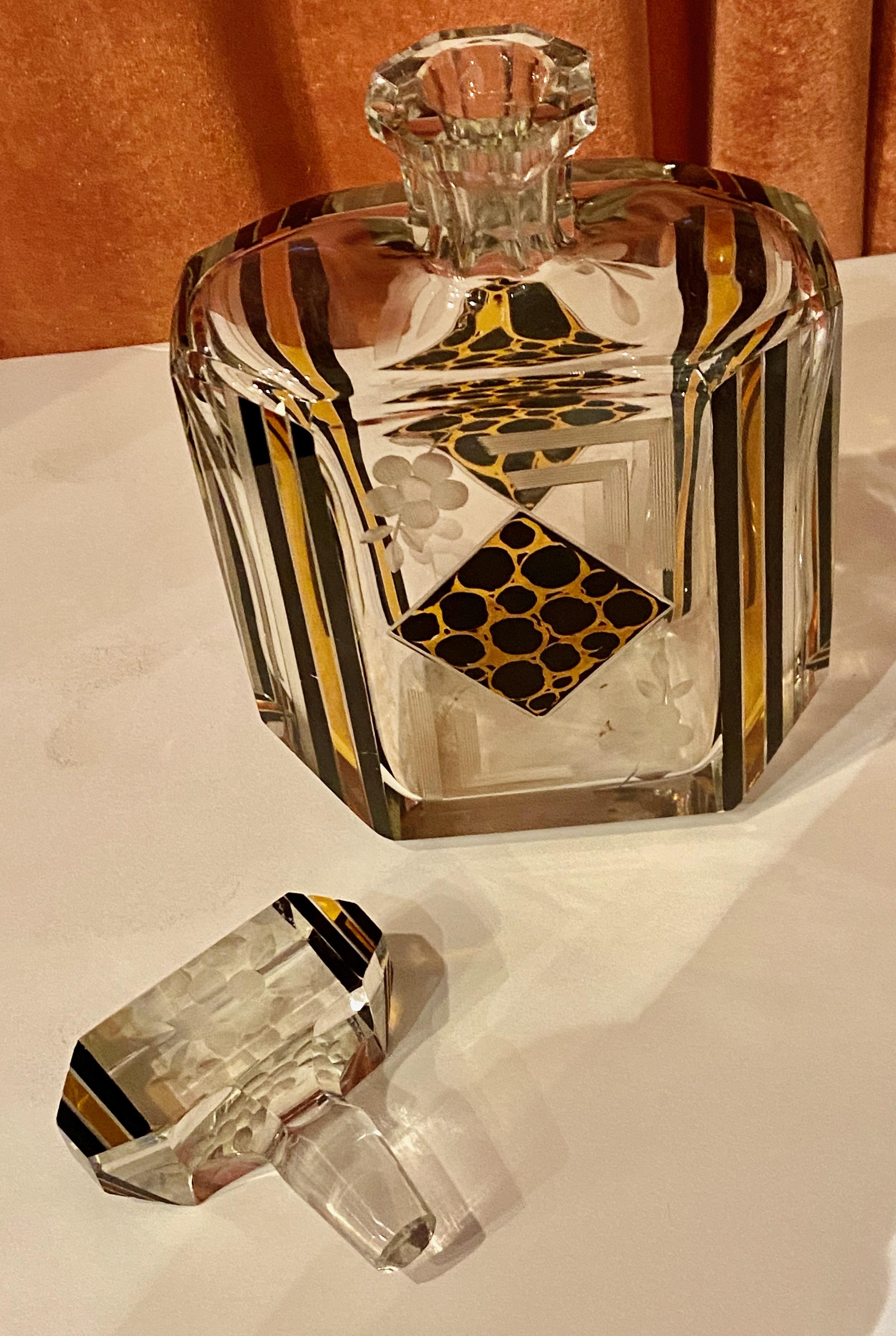 Art Deco Czech Decanter Glasses with Leopard Gold and Black Designs In Good Condition In Oakland, CA