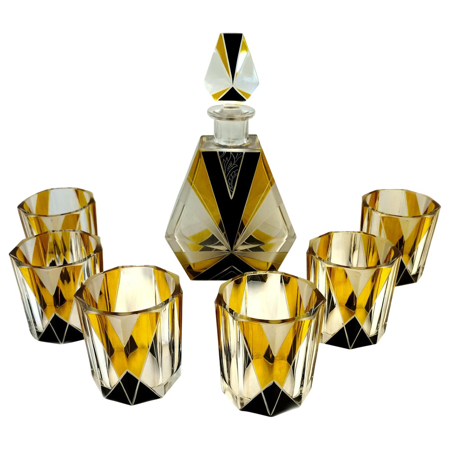 Art Deco Czech Enamel and Glass Decanter Set