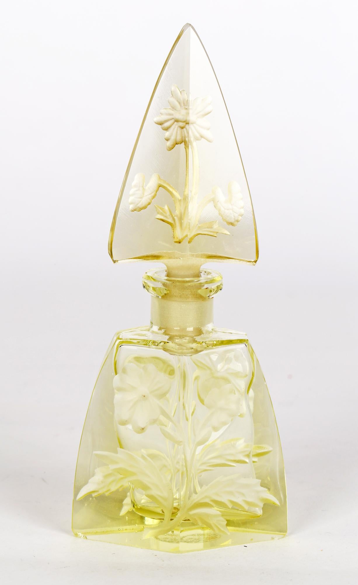 Art Deco Czech Engraved Floral Yellow Glass Scent Bottle and Stopper For Sale 6