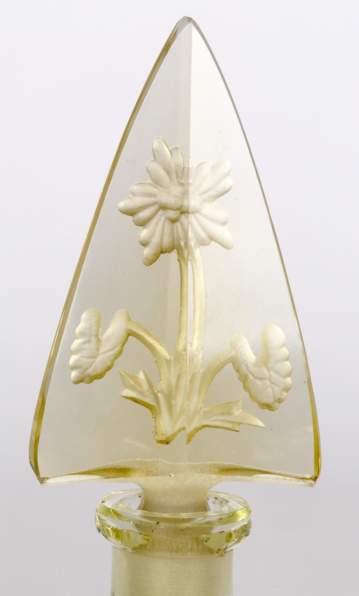 Art Deco Czech Engraved Floral Yellow Glass Scent Bottle and Stopper For Sale 7