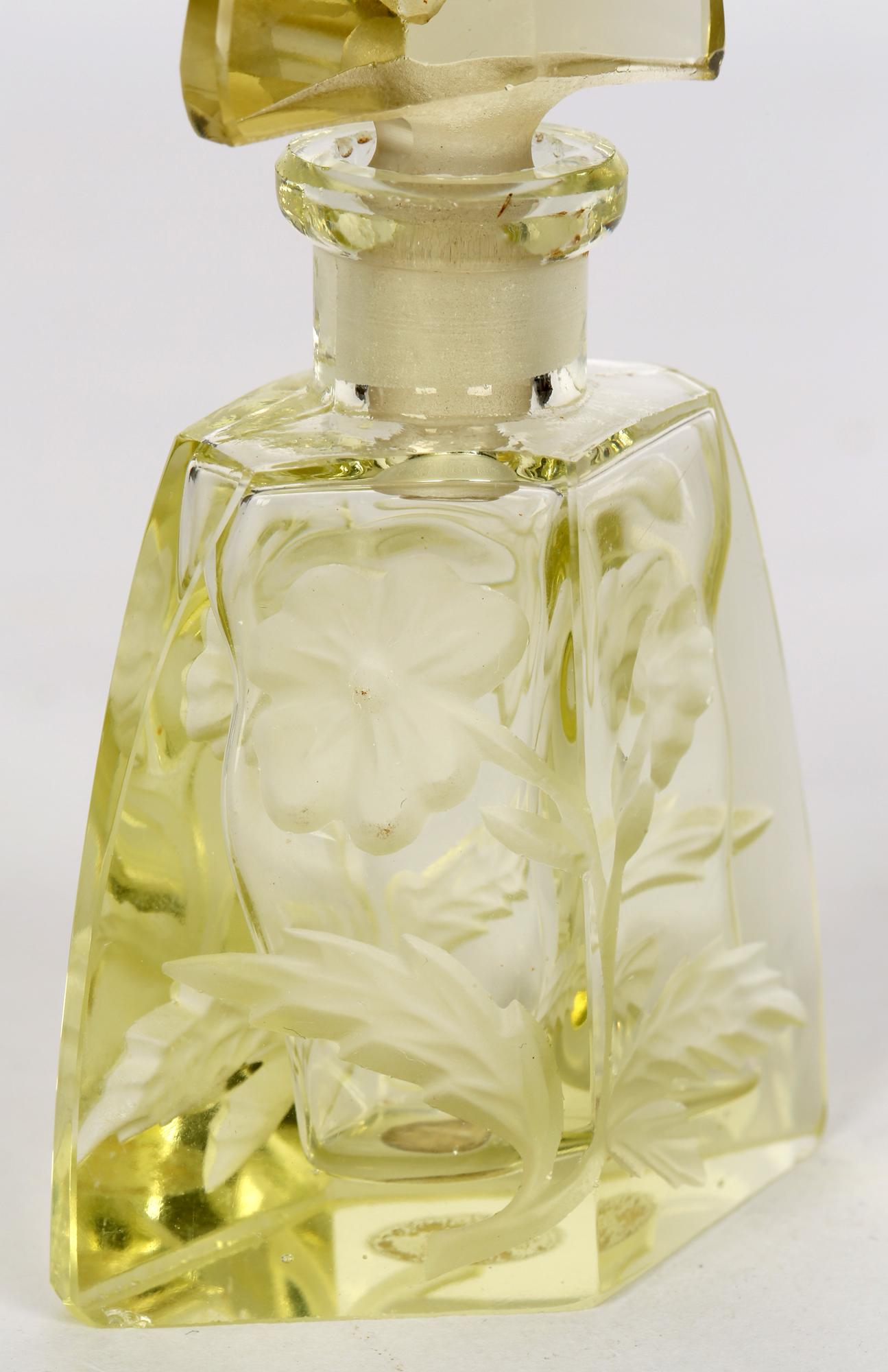 Art Deco Czech Engraved Floral Yellow Glass Scent Bottle and Stopper For Sale 8