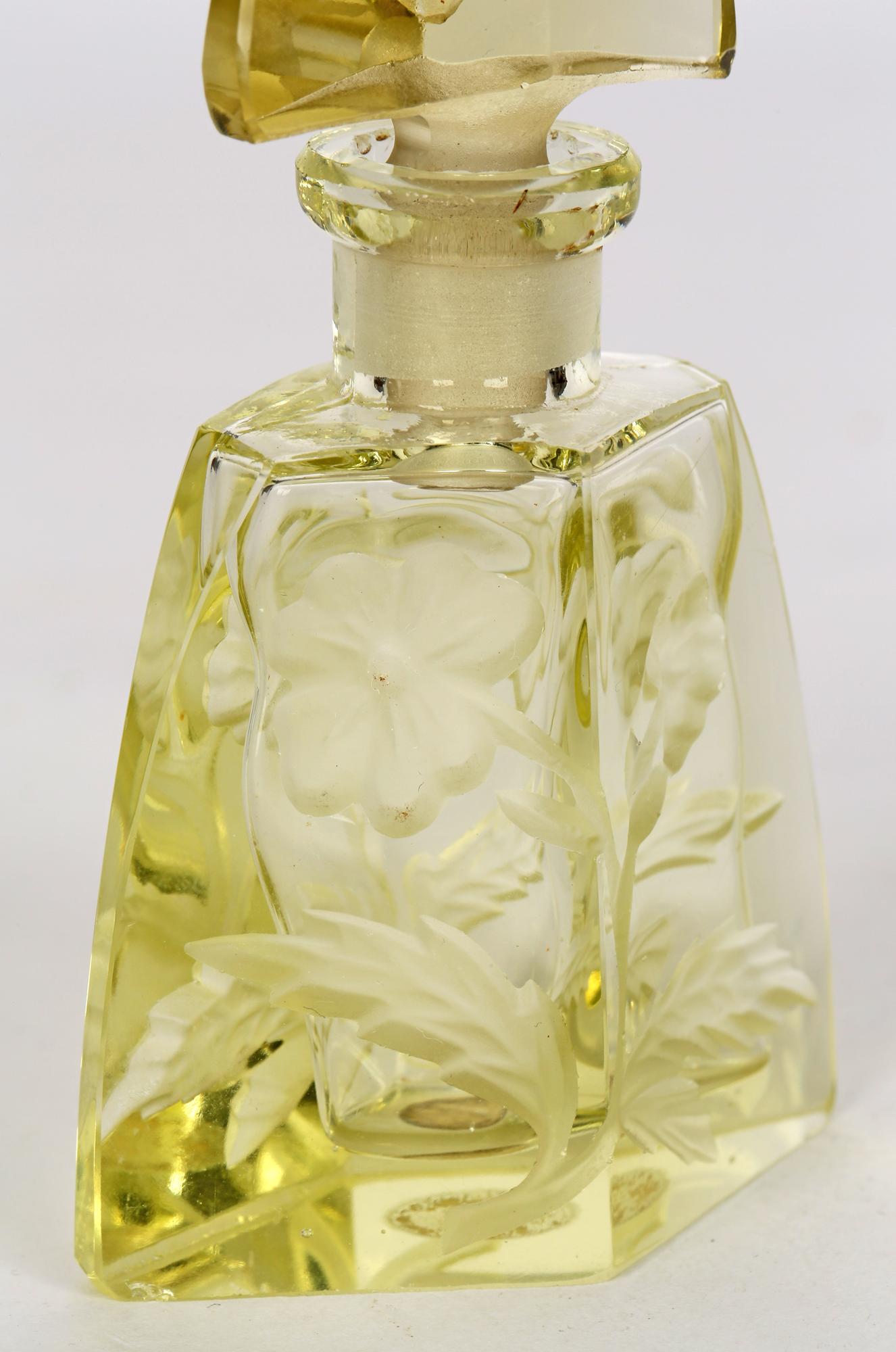 Art Deco Czech Engraved Floral Yellow Glass Scent Bottle and Stopper For Sale 9