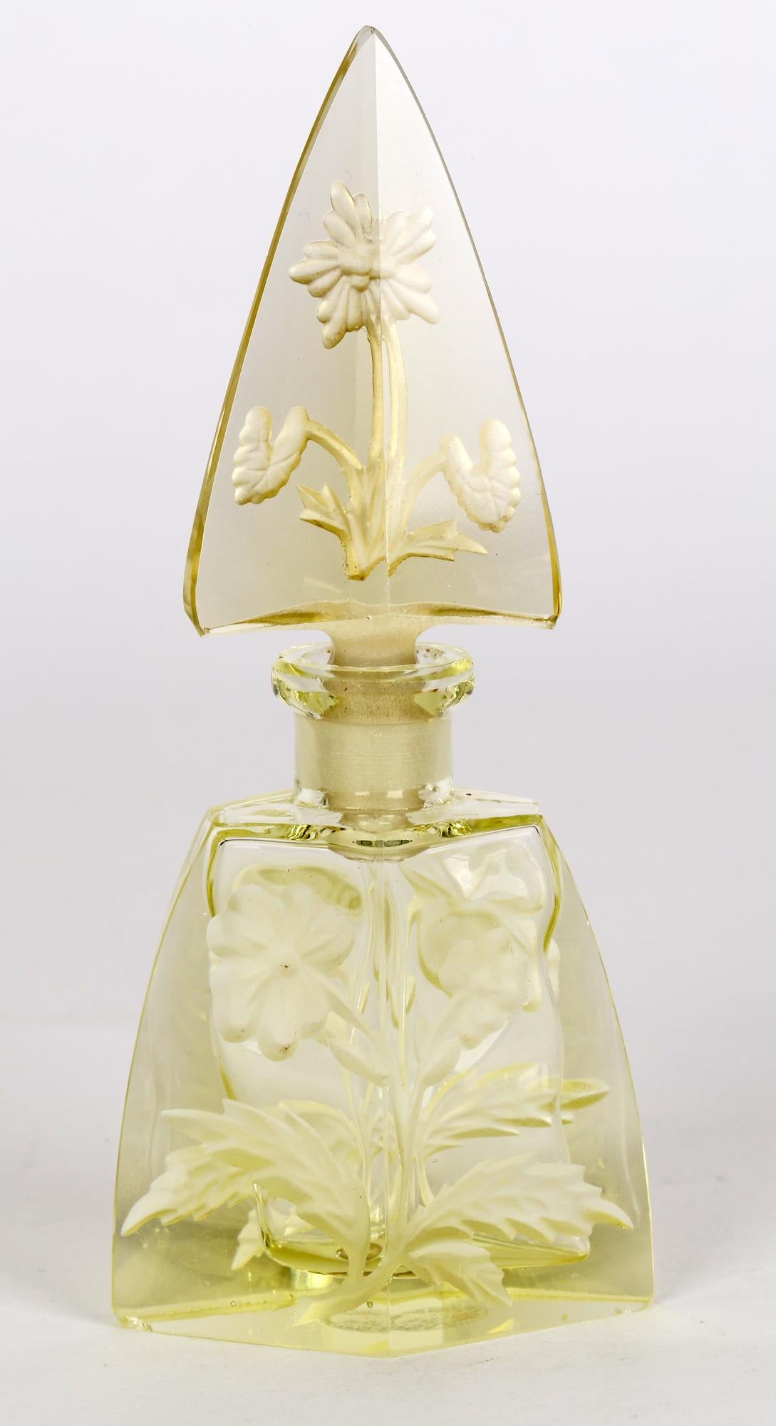 Art Deco Czech Engraved Floral Yellow Glass Scent Bottle and Stopper For Sale 10