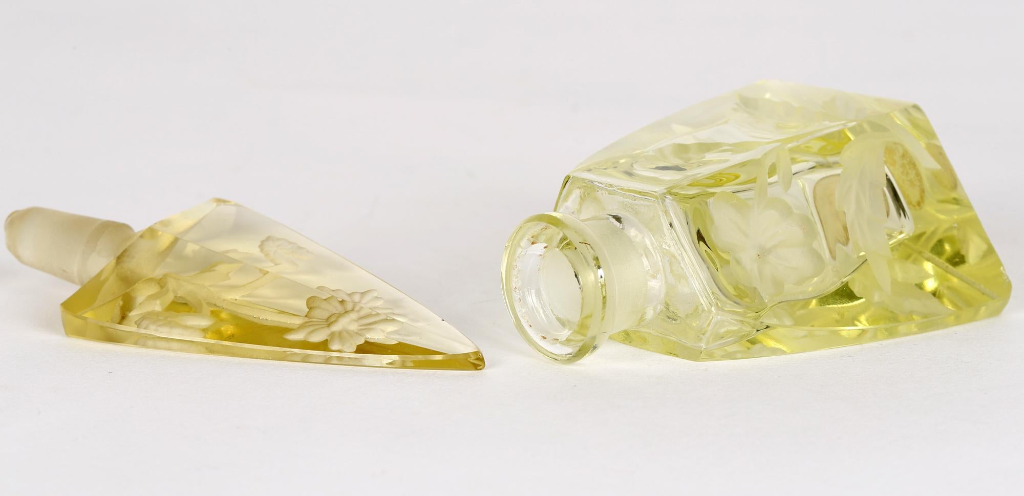 Art Deco Czech Engraved Floral Yellow Glass Scent Bottle and Stopper For Sale 11