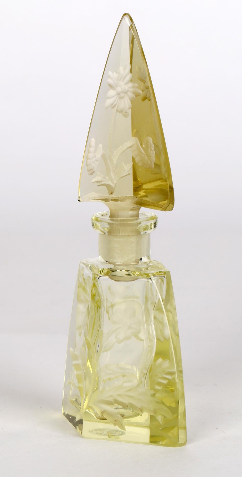 Art Deco Czech Engraved Floral Yellow Glass Scent Bottle and Stopper For Sale 12
