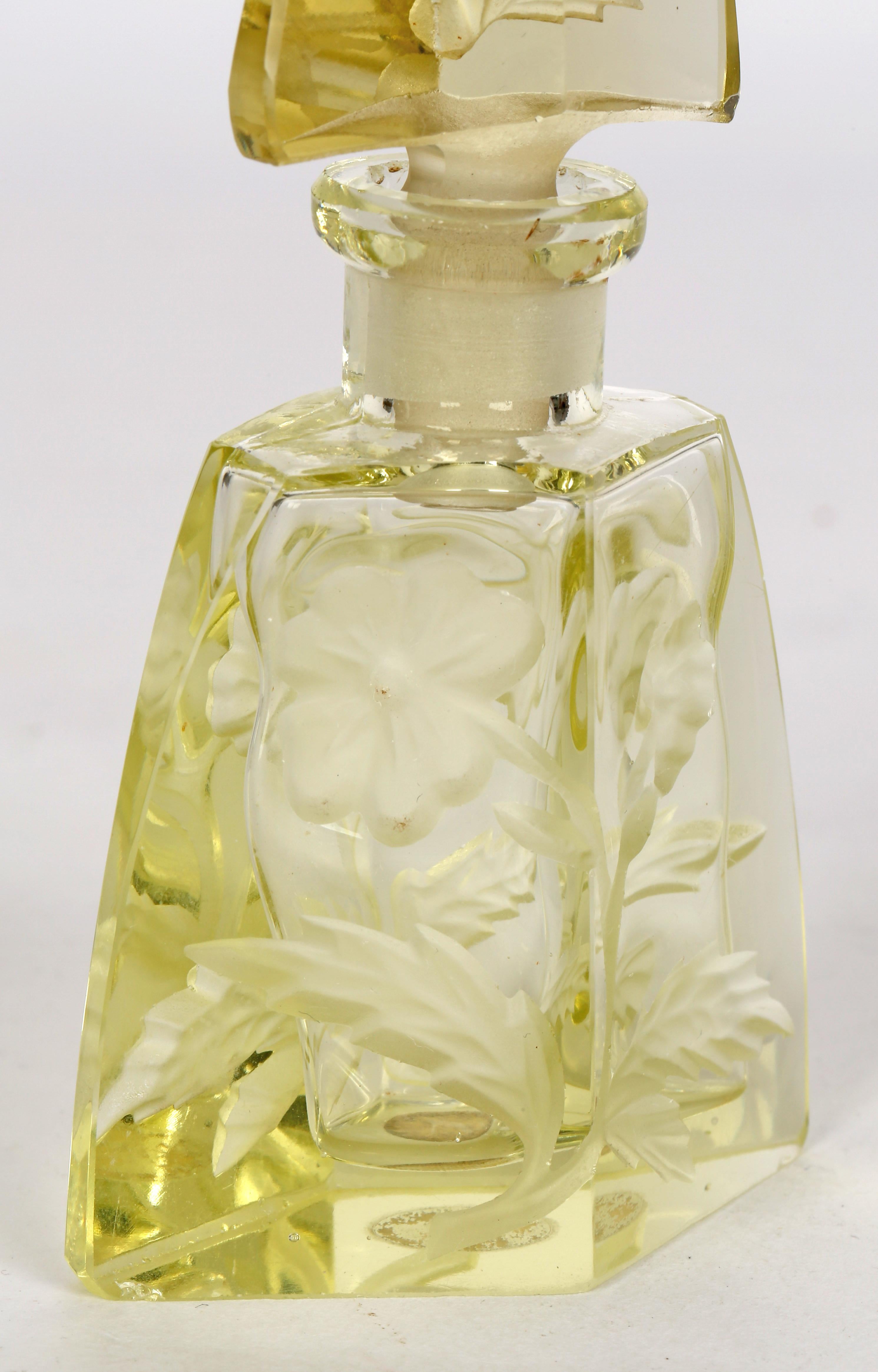 Mid-20th Century Art Deco Czech Engraved Floral Yellow Glass Scent Bottle and Stopper For Sale