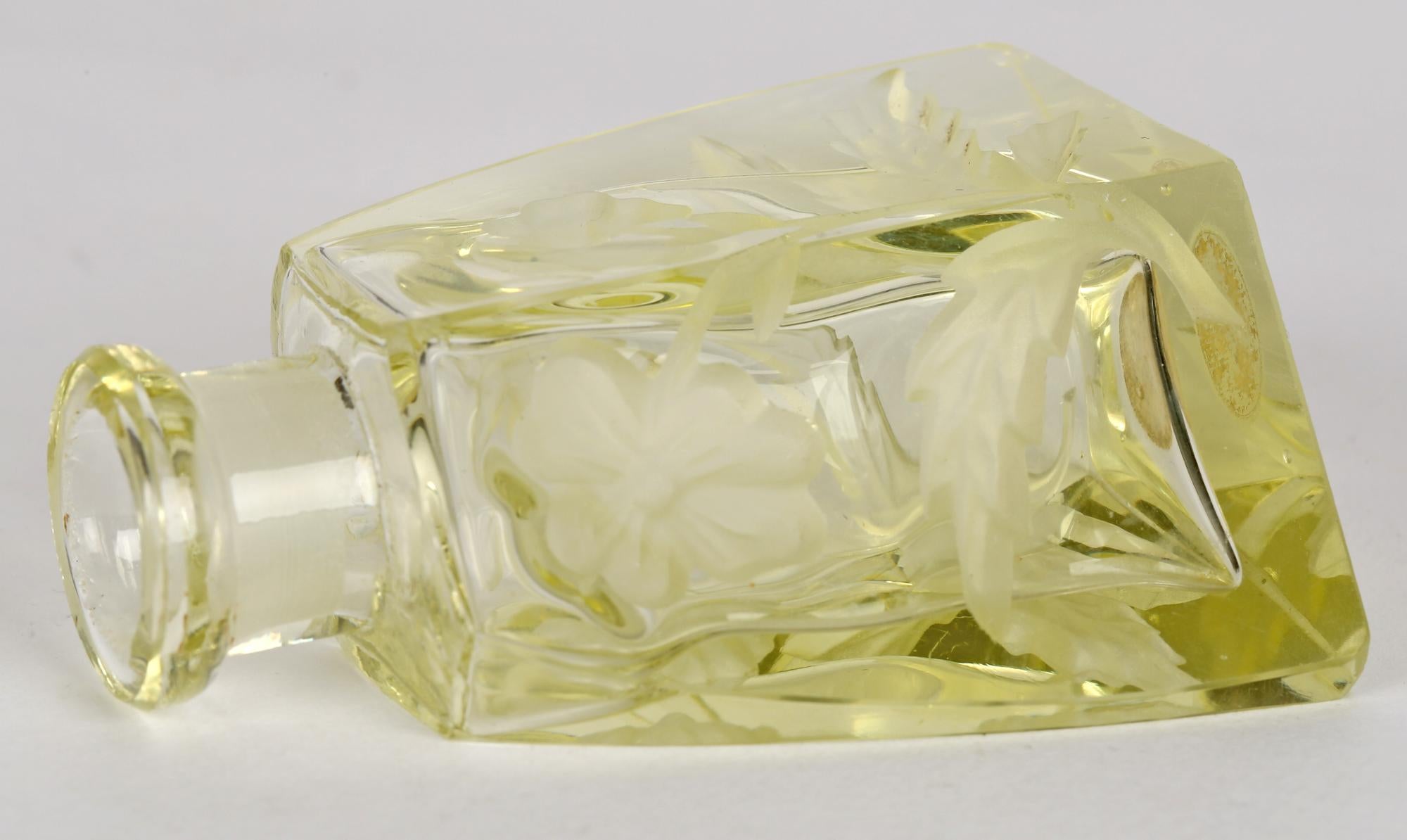 Cut Glass Art Deco Czech Engraved Floral Yellow Glass Scent Bottle and Stopper For Sale