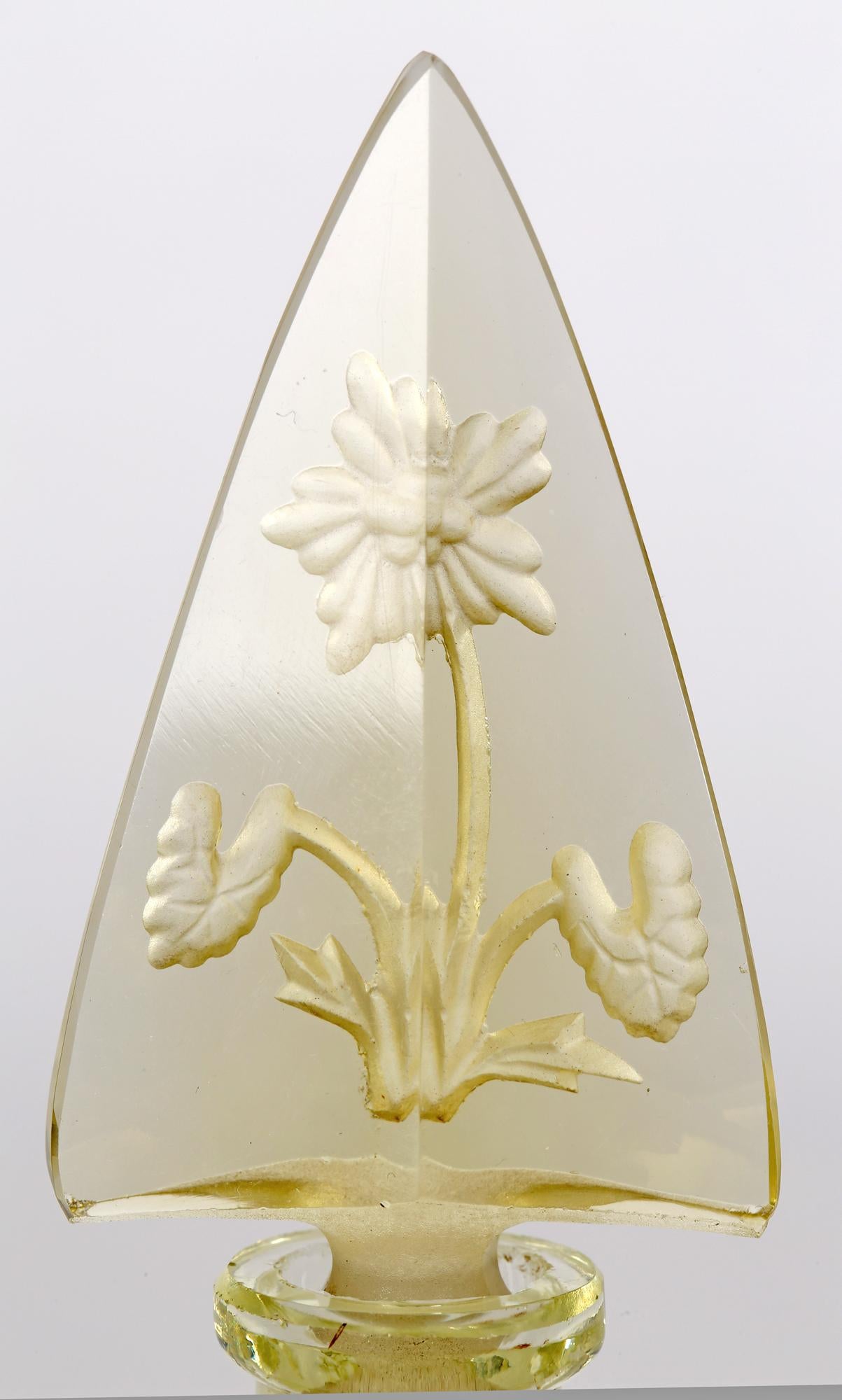 Art Deco Czech Engraved Floral Yellow Glass Scent Bottle and Stopper For Sale 2