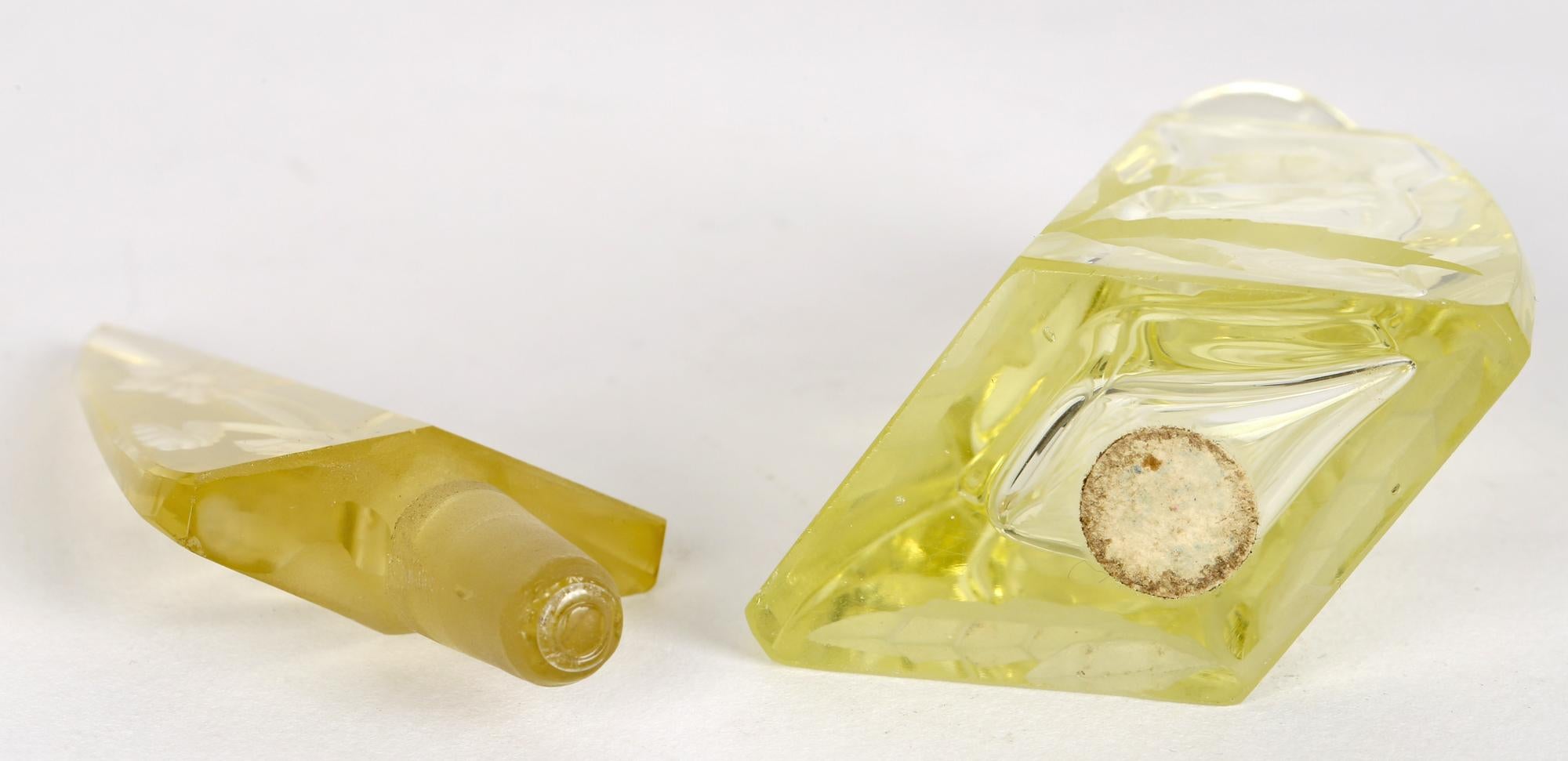 Art Deco Czech Engraved Floral Yellow Glass Scent Bottle and Stopper For Sale 3