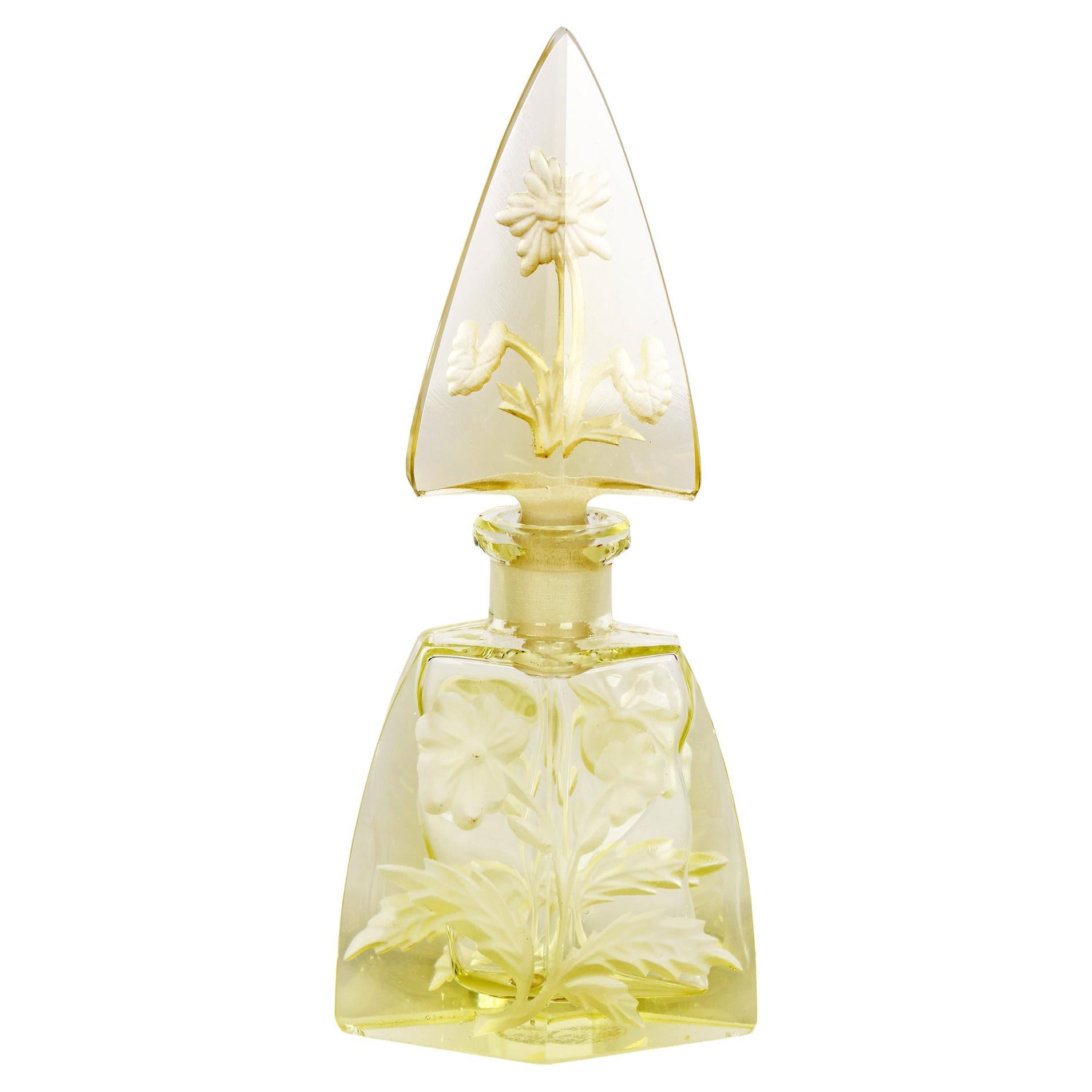 Art Deco Czech Engraved Floral Yellow Glass Scent Bottle and Stopper For Sale