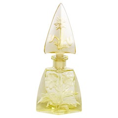 Art Deco Czech Engraved Floral Yellow Glass Scent Bottle and Stopper