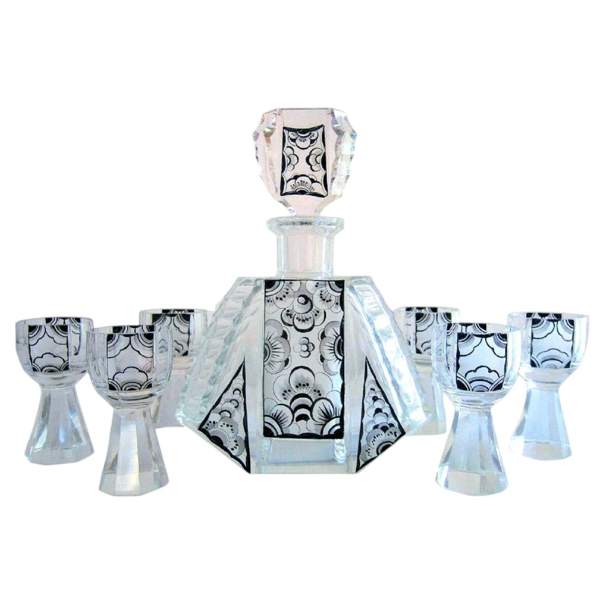 Art Deco Czech Geometric Crystal Glass Decanter Set by Karl Palda, circa 1930s