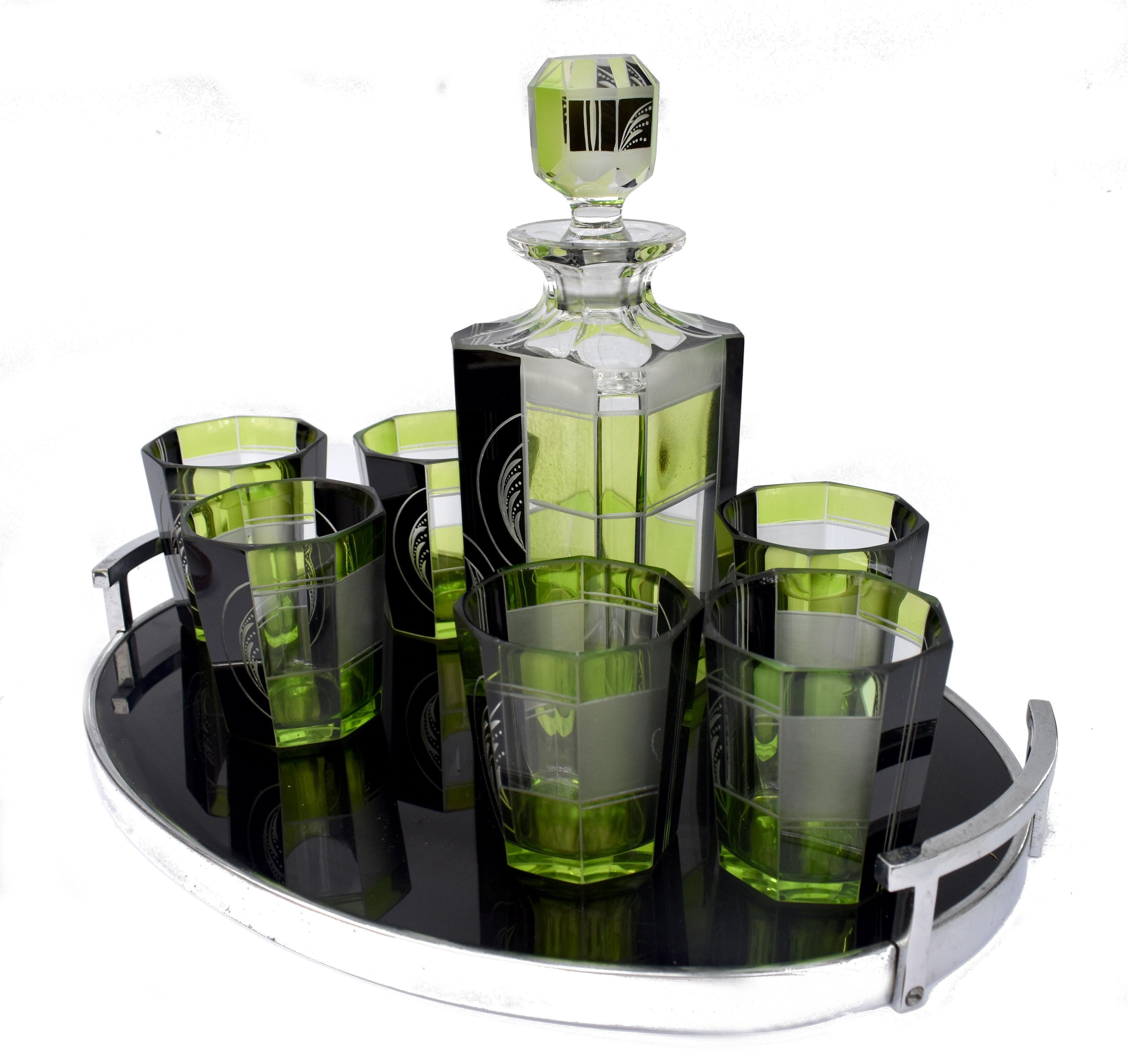 European Art Deco Czech Glass Barware Decanter Set, C1930 For Sale