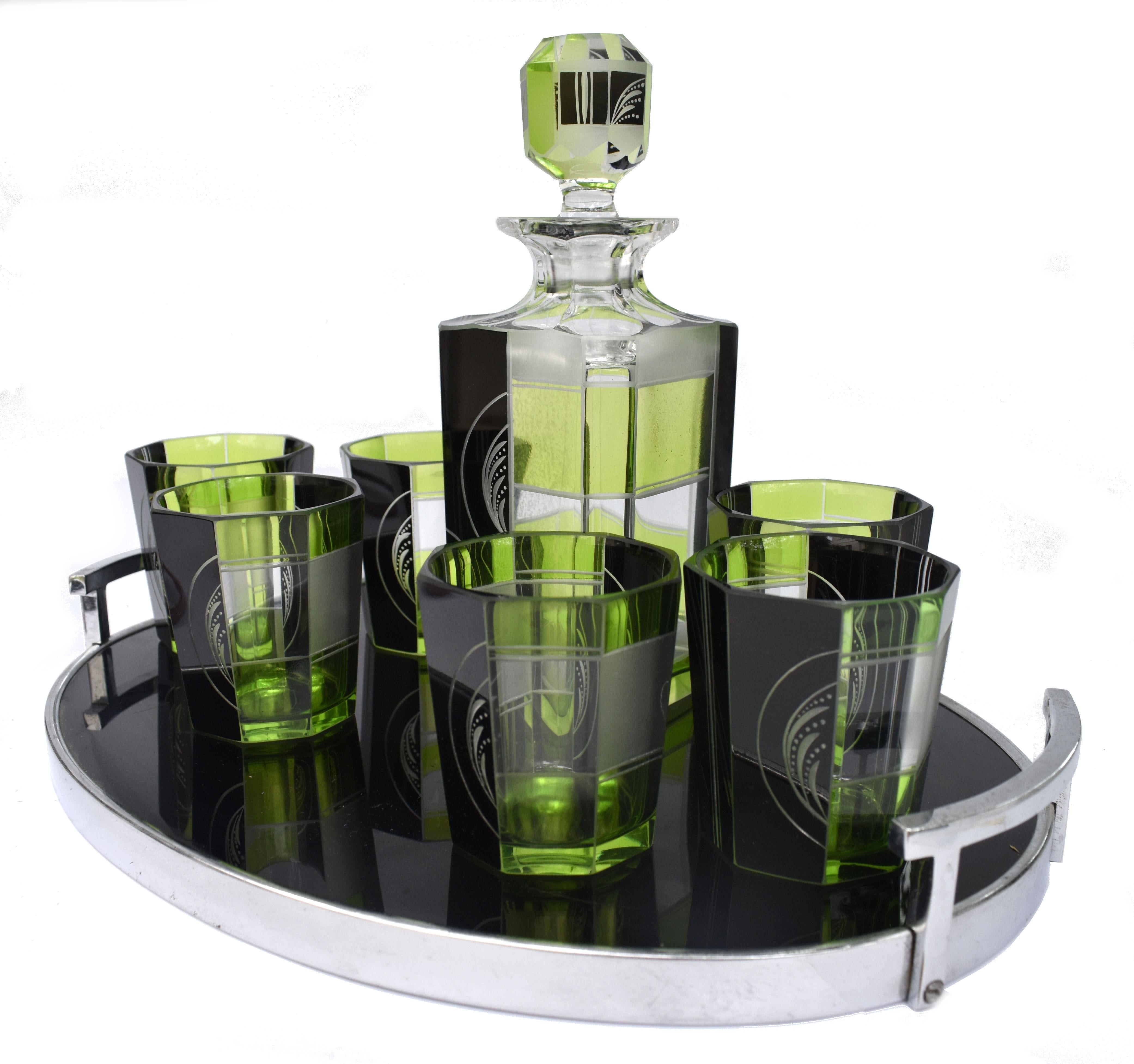 Art Deco Czech Glass Barware Decanter Set, C1930 In Good Condition For Sale In Devon, England