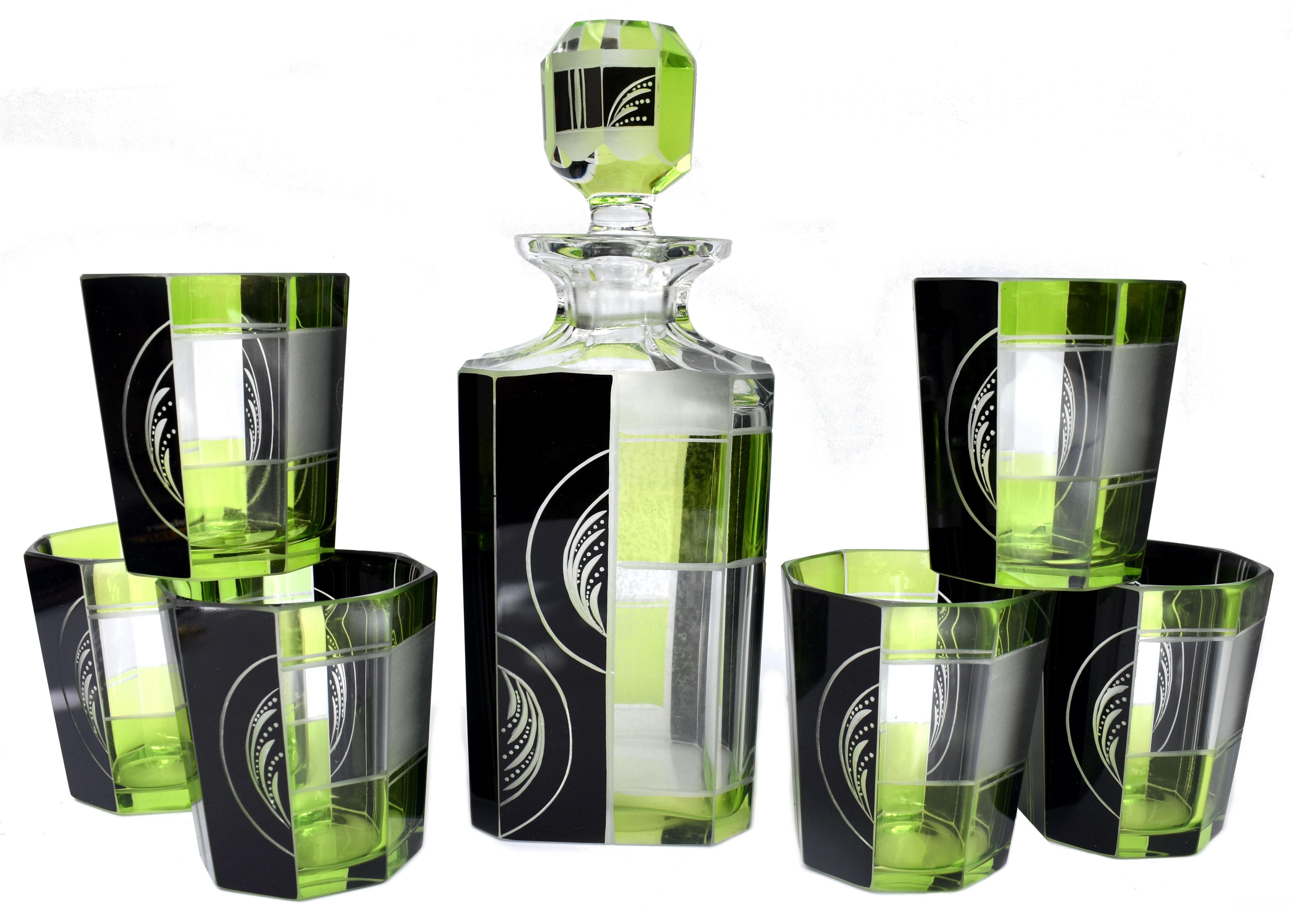 Art Deco Czech Glass Barware Decanter Set, C1930 For Sale 1