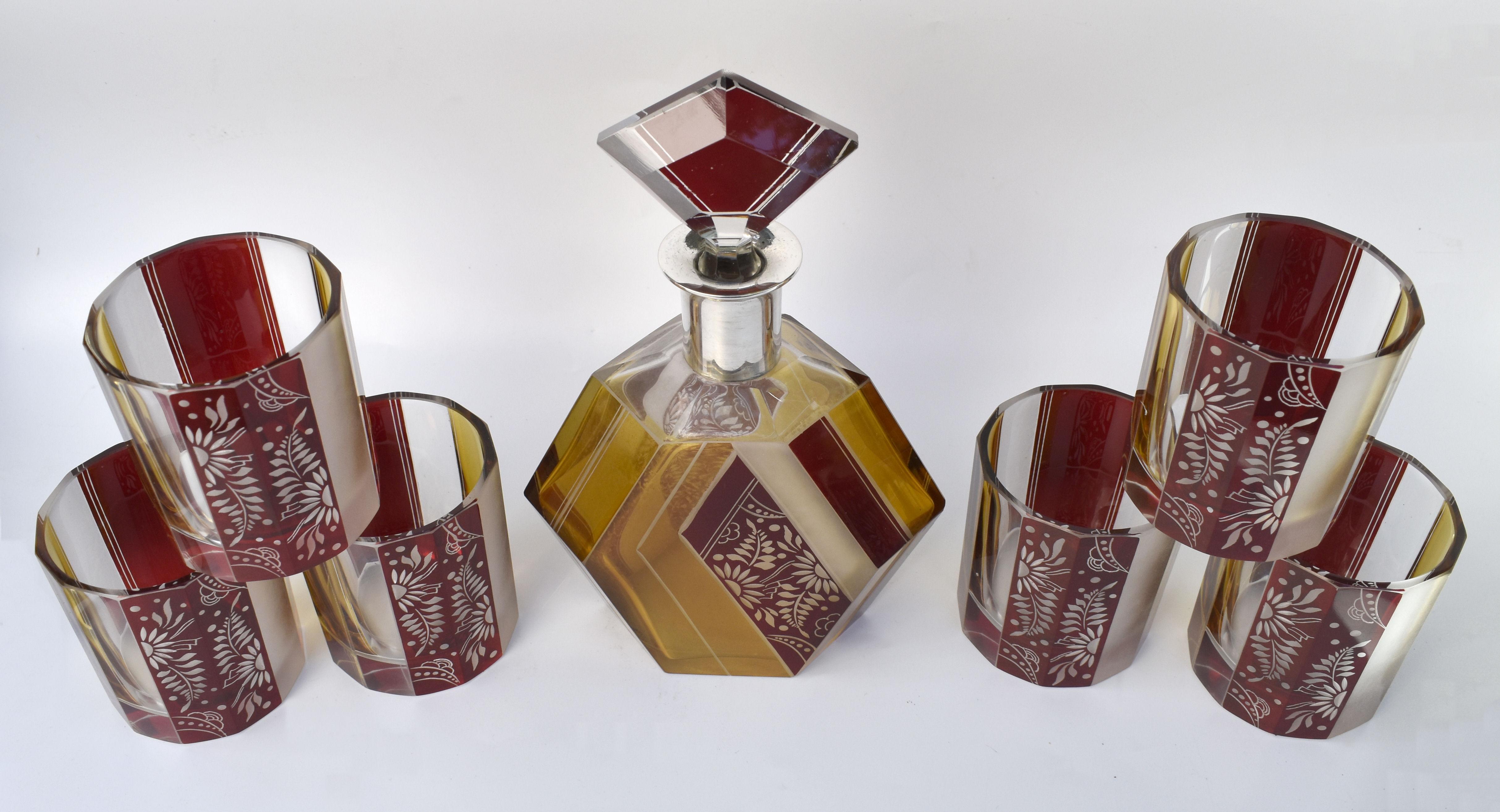Art Deco Czech Glass Decanter Set and Glasses, C 1930 For Sale 7