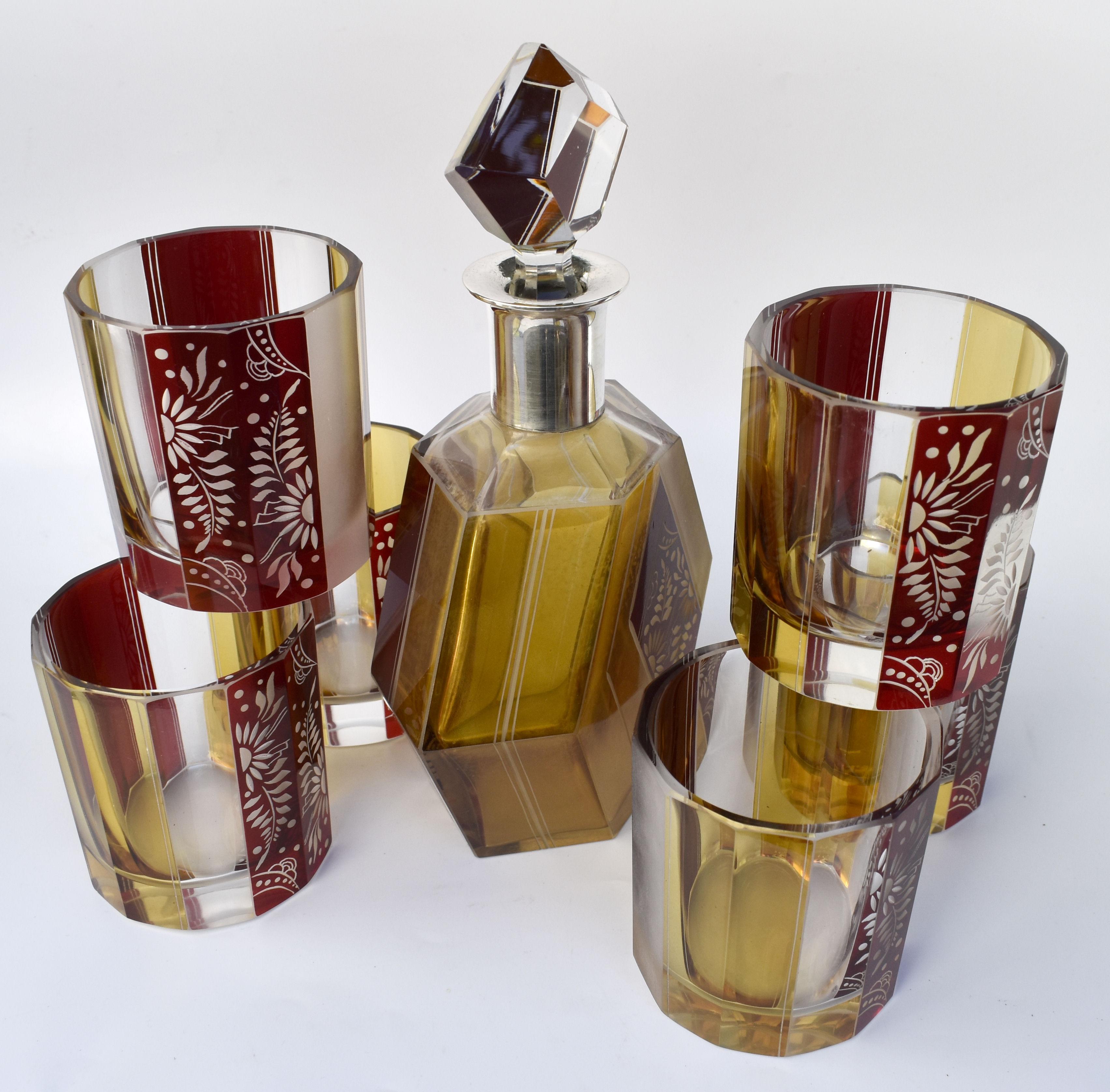 Art Deco Czech Glass Decanter Set and Glasses, C 1930 For Sale 8