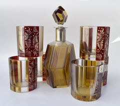 Art Deco Czech Glass Decanter Set and Glasses, C 1930