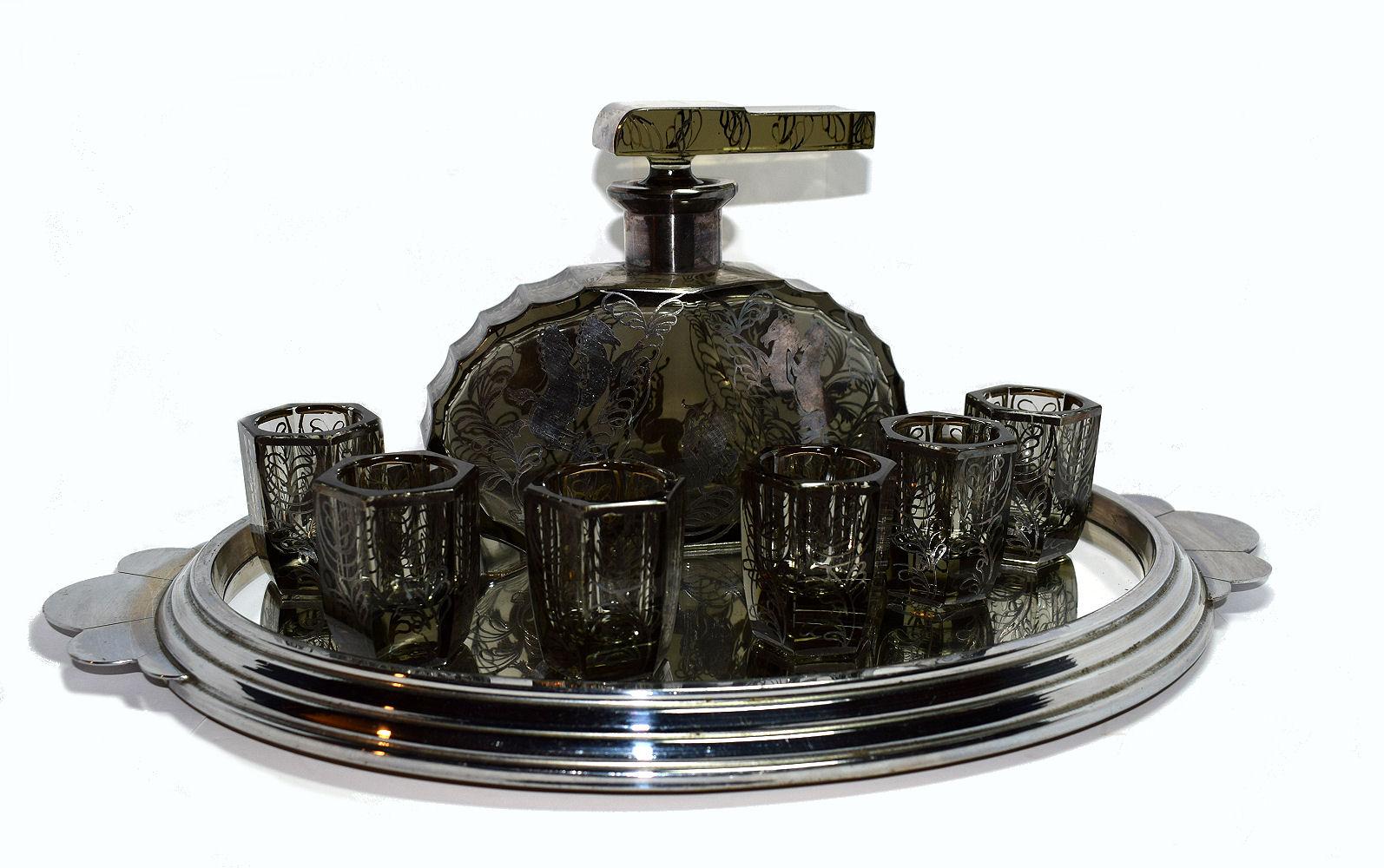 Silvered Art Deco Czech Glass Decanter Set, circa 1930