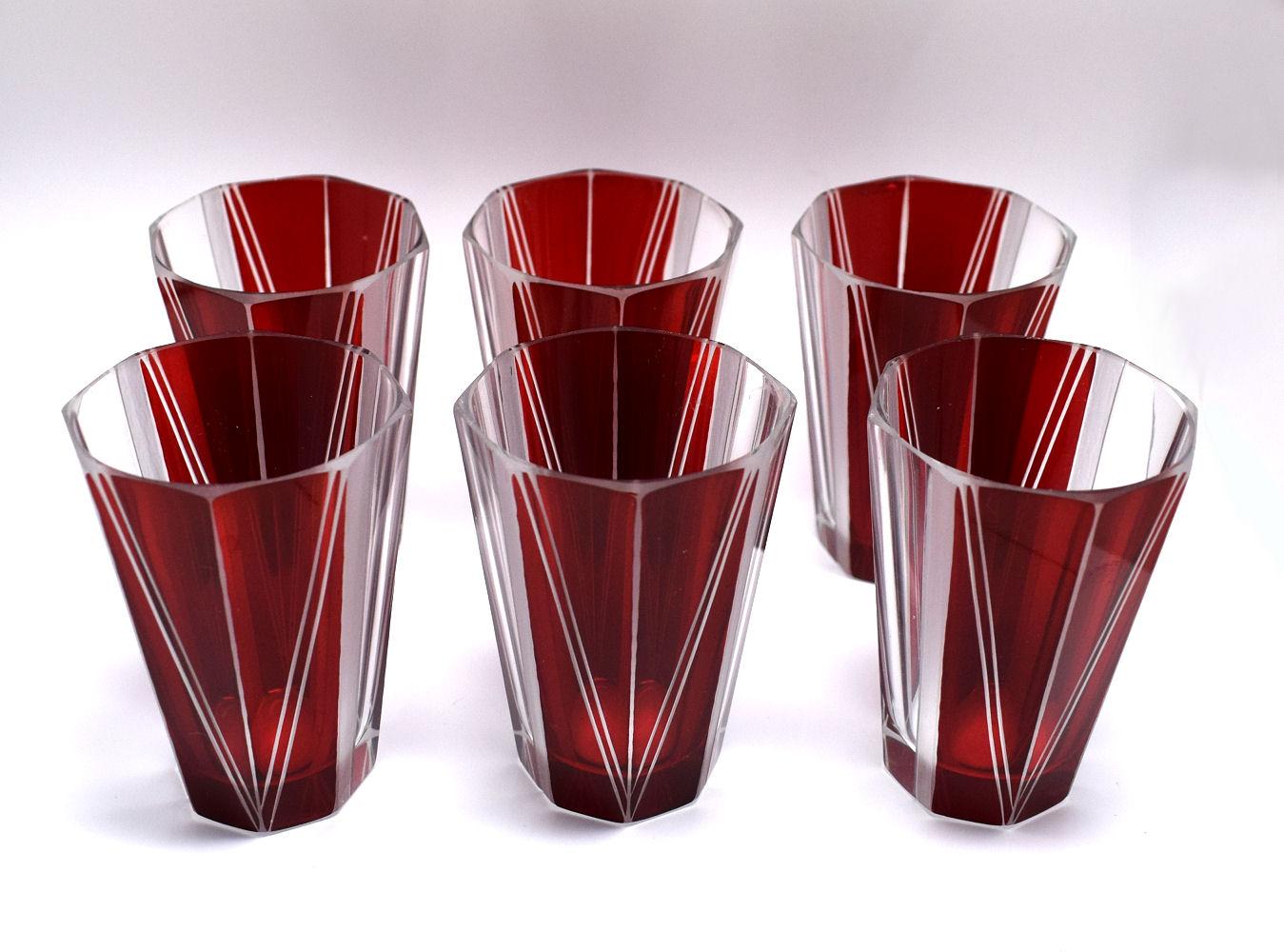 Art Deco Czech Glass Decanter, Set 4