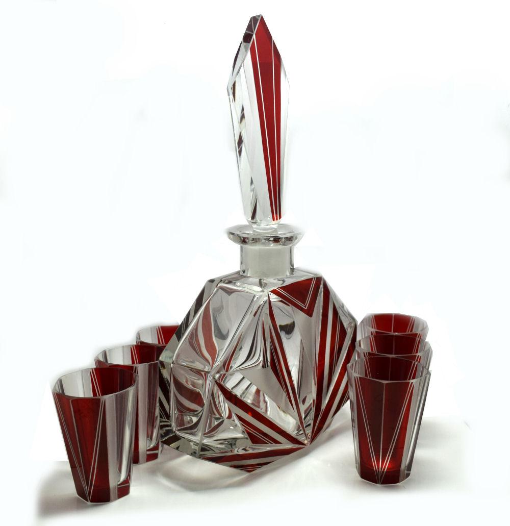Enameled Art Deco Czech Glass Decanter, Set