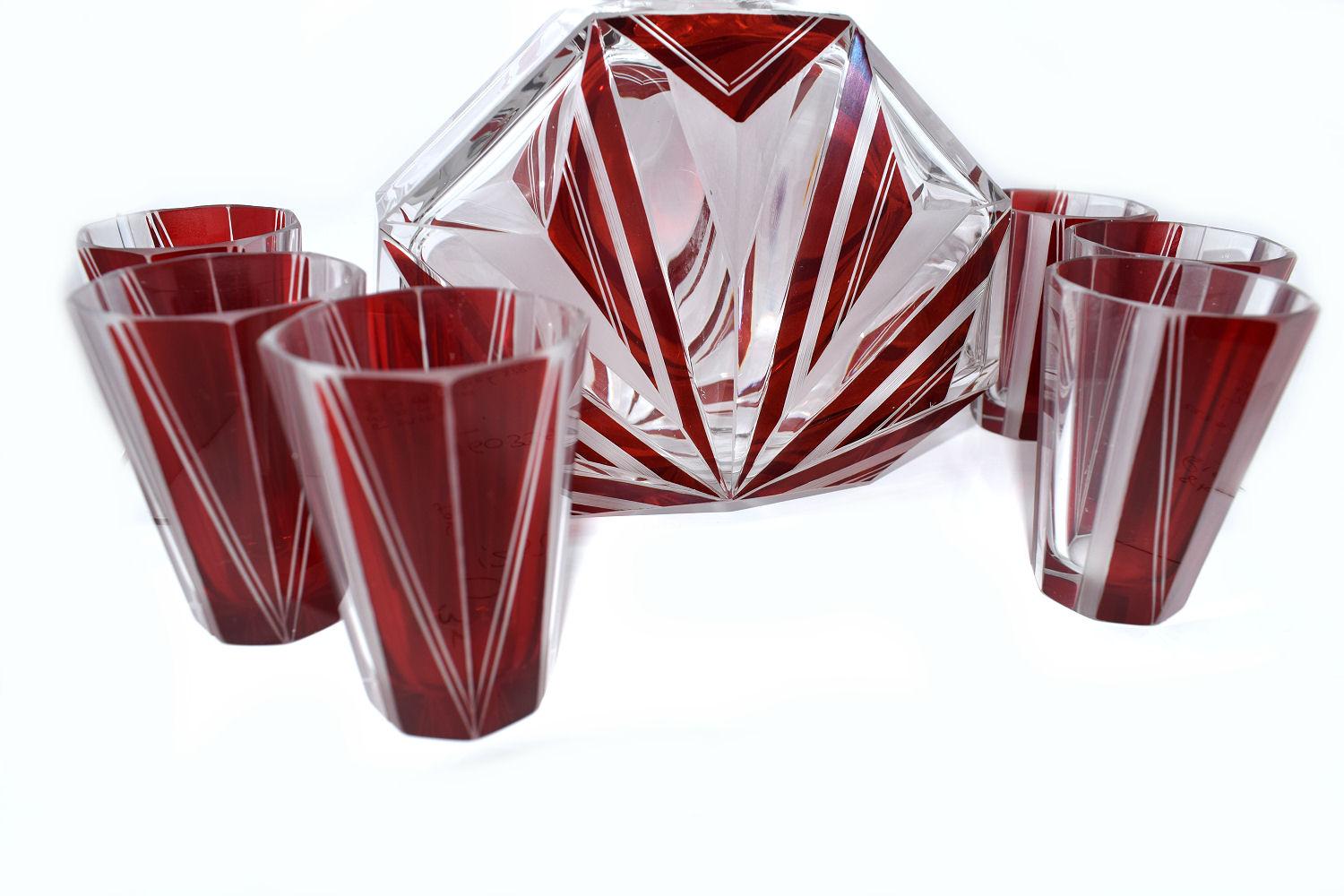Art Deco Czech Glass Decanter, Set 4
