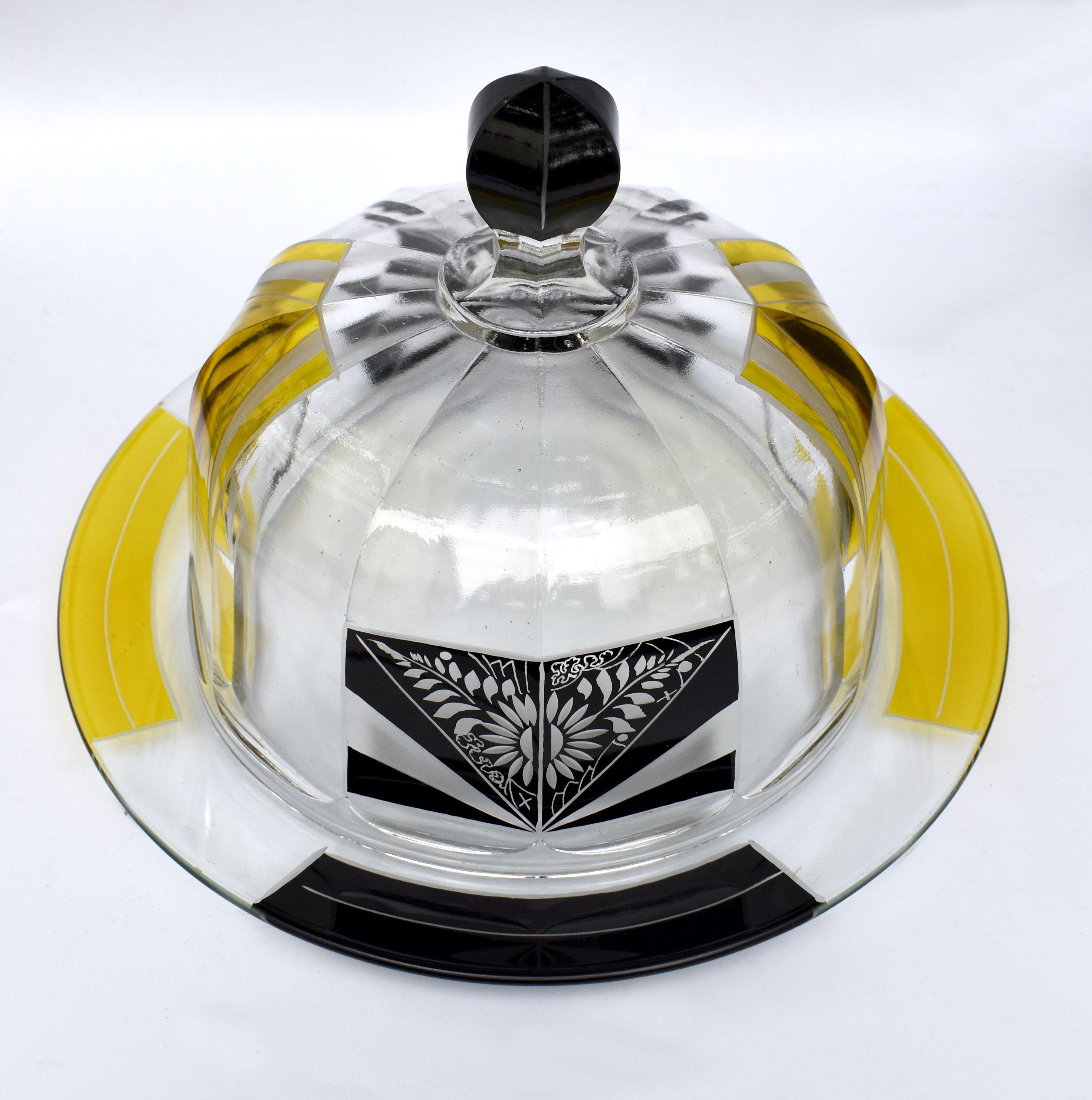Enameled Art Deco Czech Glass Domed Cover & Plate, c1930 For Sale