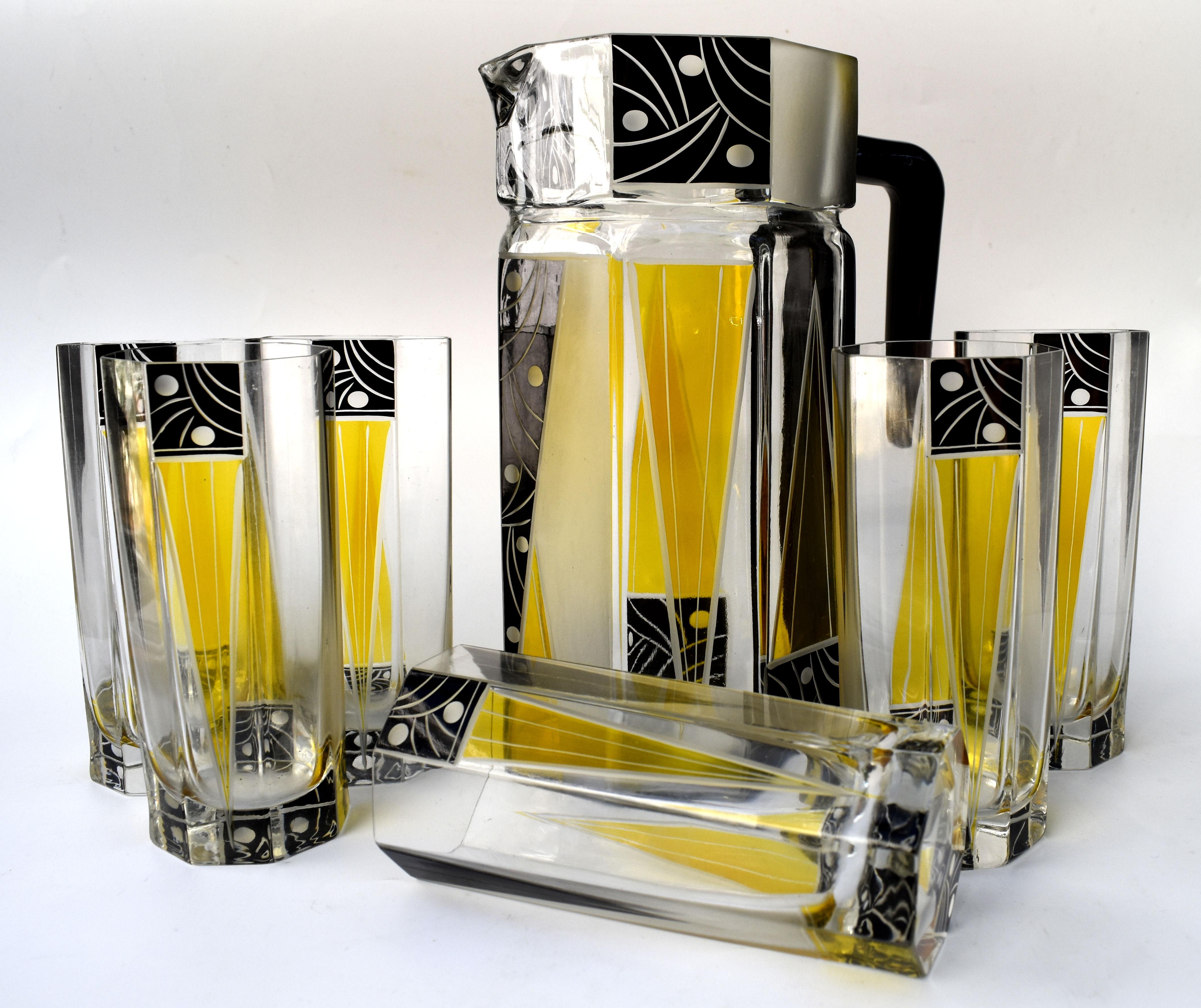 Art Deco Tschechisches Glas Getränke Limonade Set, um 1930 im Angebot 3